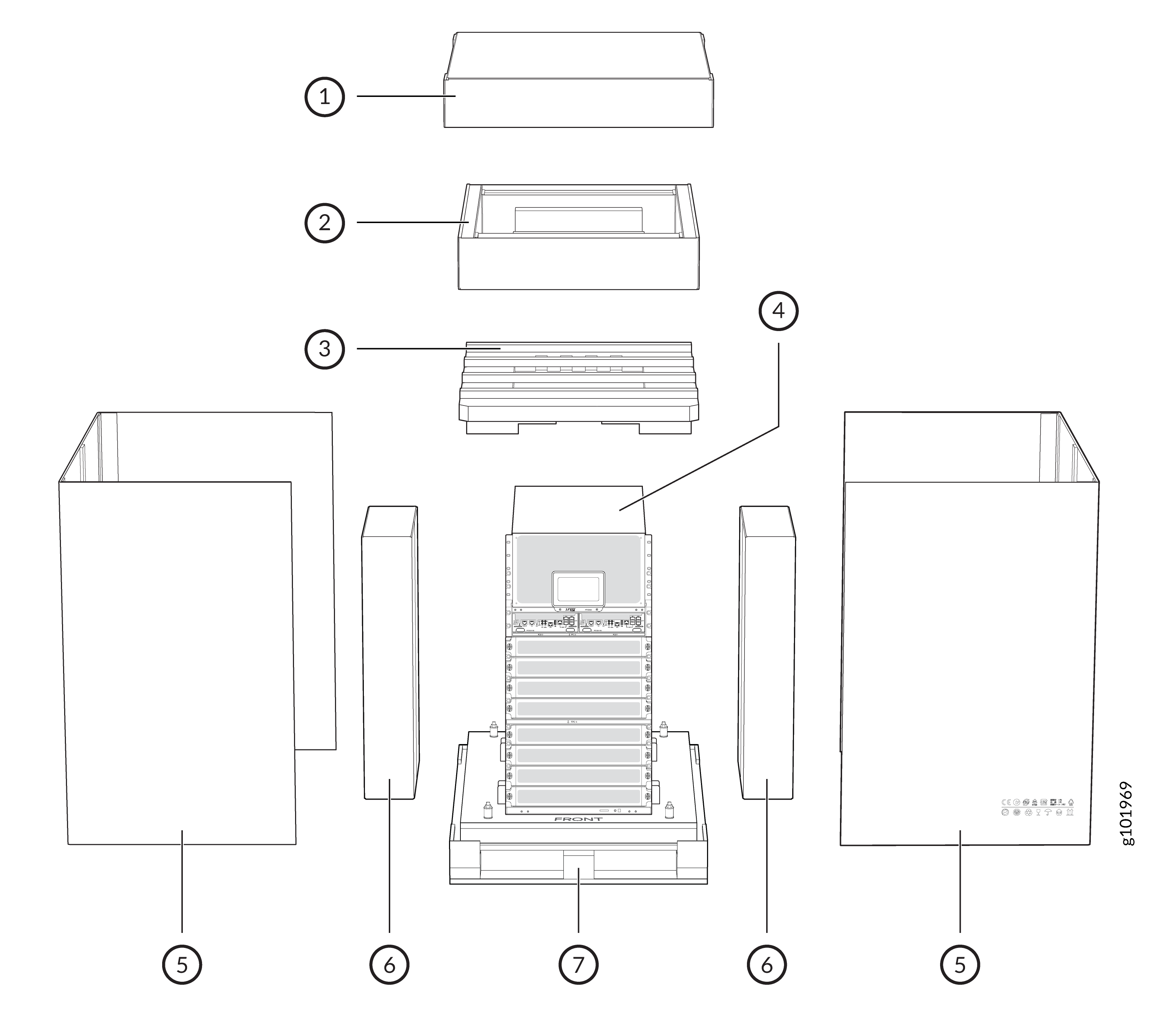 Exploded diagram of packaging process for electronic device with numbered components top cover inner layer foam main device outer box side inserts and base.