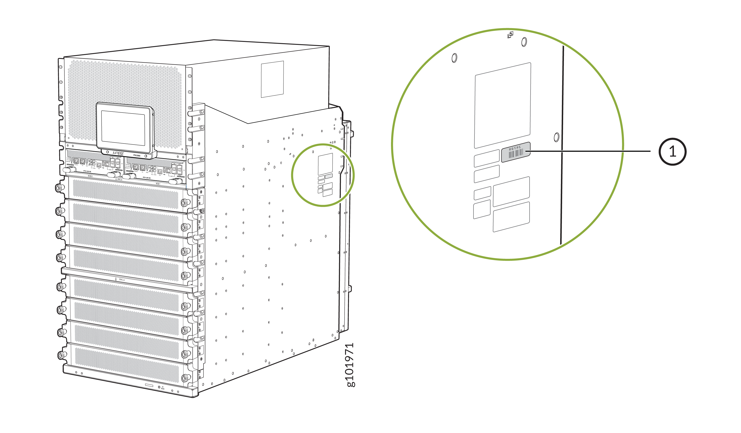 Technical illustration of rack-mounted equipment with a full view of stacked modules and control panel on the left, and a zoomed-in view highlighting a barcode label and components on the right.
