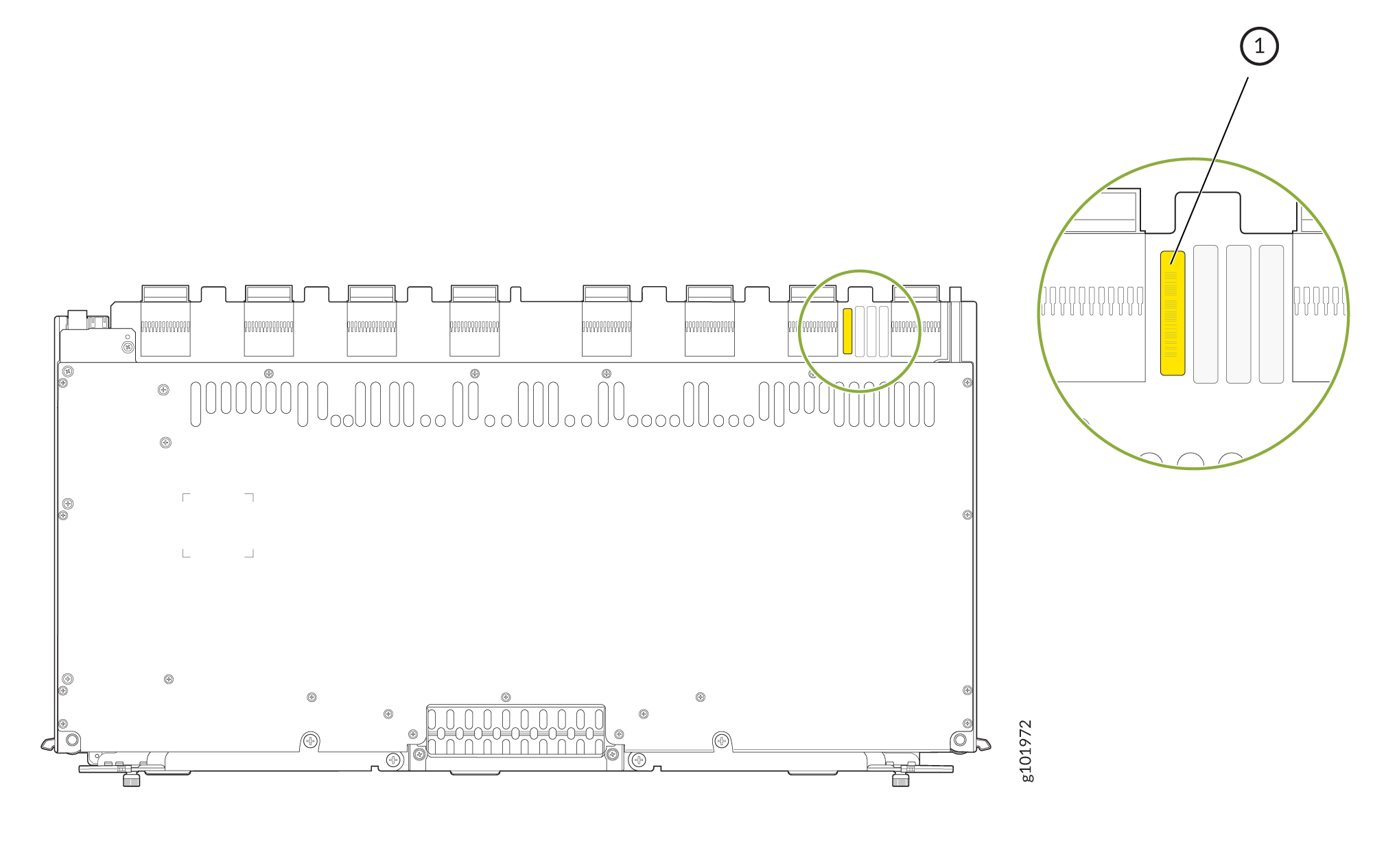 Diagram highlighting part 1 of an electronic component in yellow with a zoomed-in view of a connector or slot.