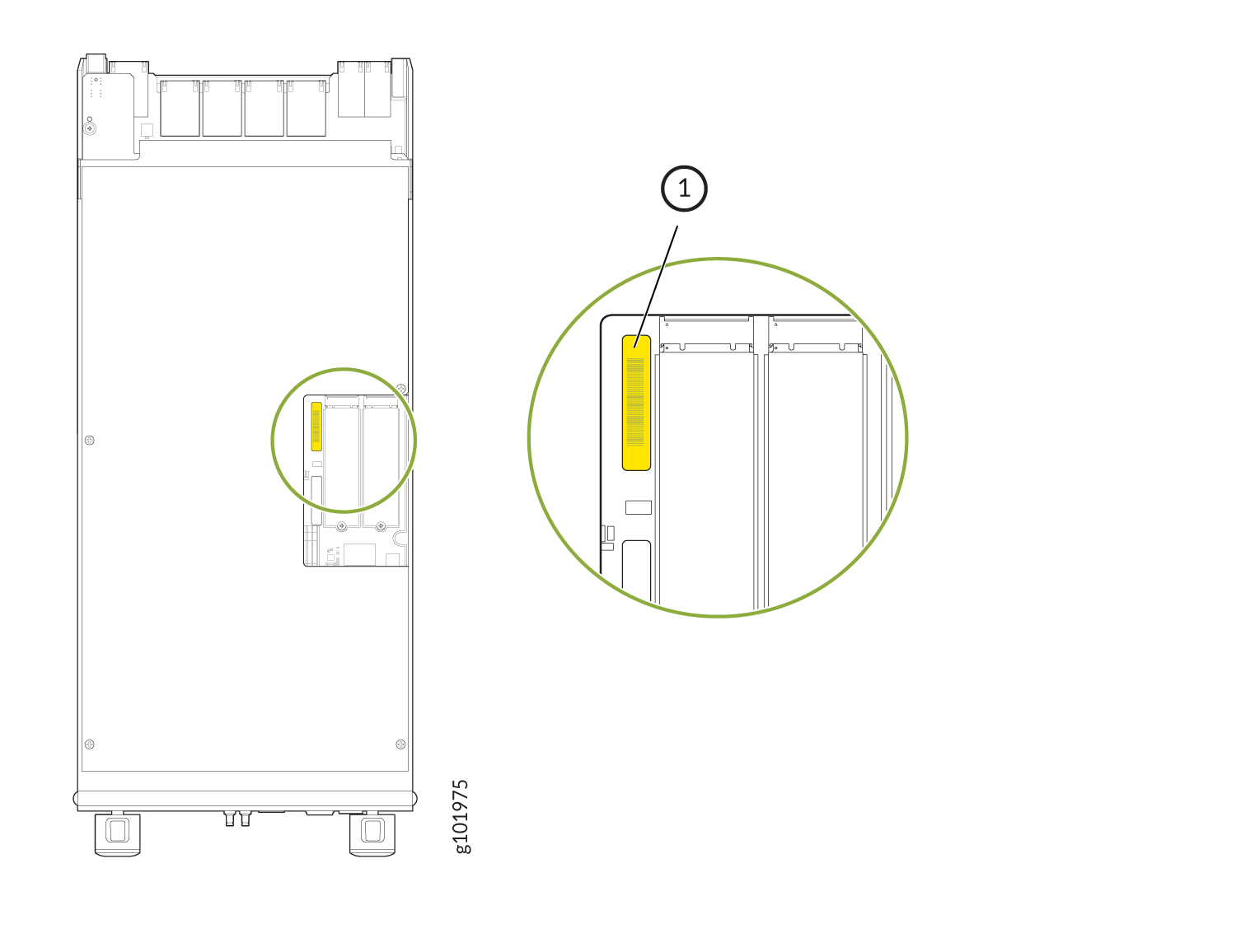 Technical illustration of a server highlighting component labeled 1 with a zoomed-in view of a label or indicator for identification or status.