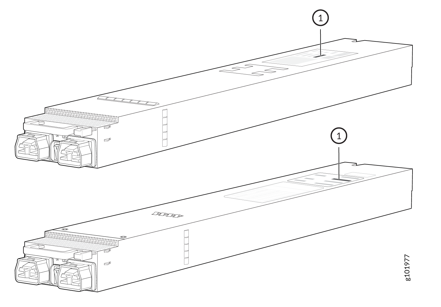 Technical line drawing of two identical rectangular electronic components with connectors on one end and a labeled section marked 1 on the top surface.