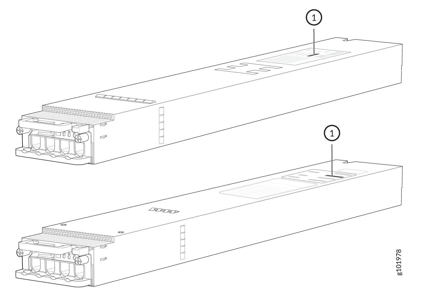 Technical drawing of a modular electronic component with part 1 labeled to highlight a specific feature or area of interest.