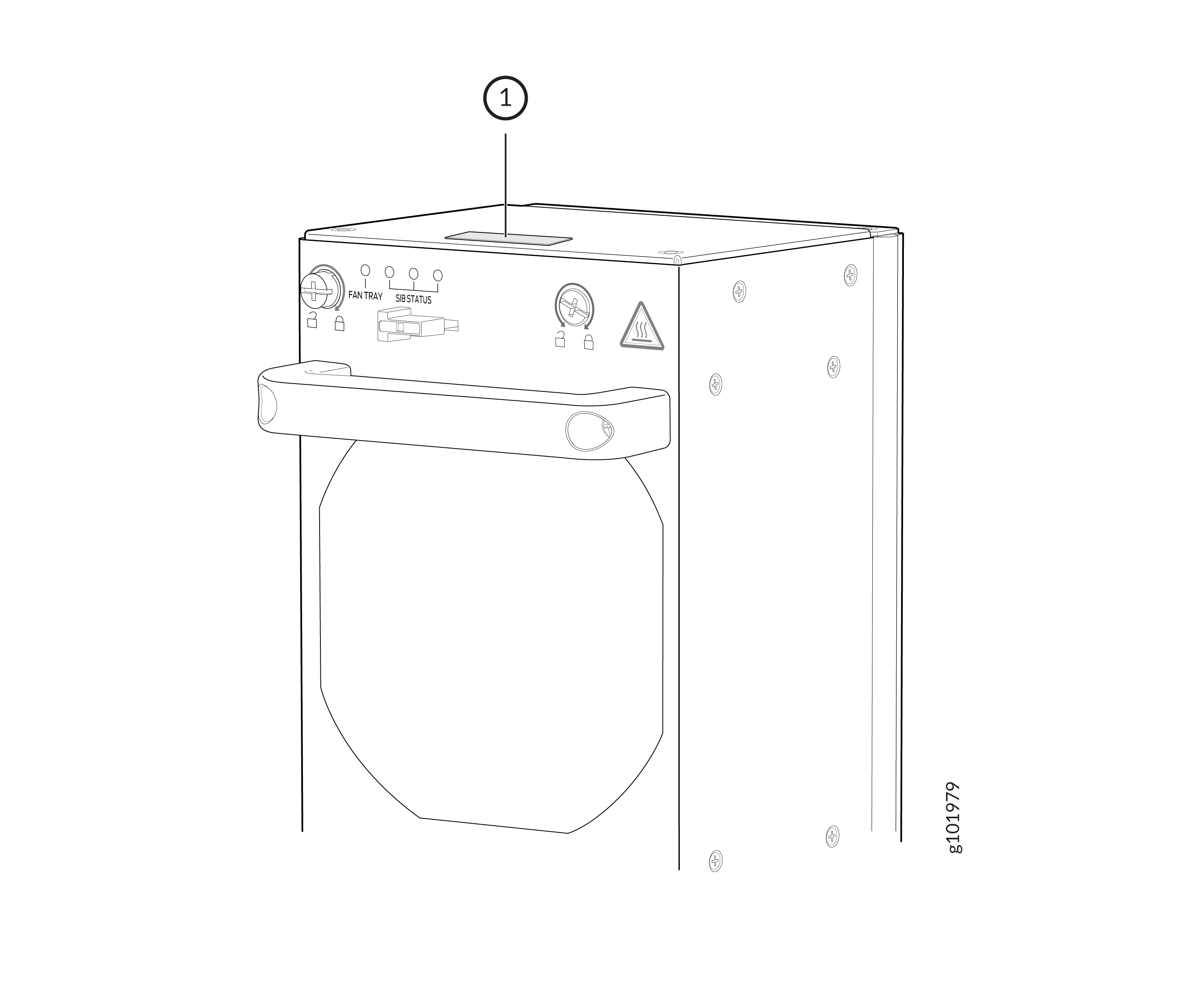 Line drawing of industrial equipment with a control panel, buttons, indicators, and a handle. The top is labeled with the number 1.