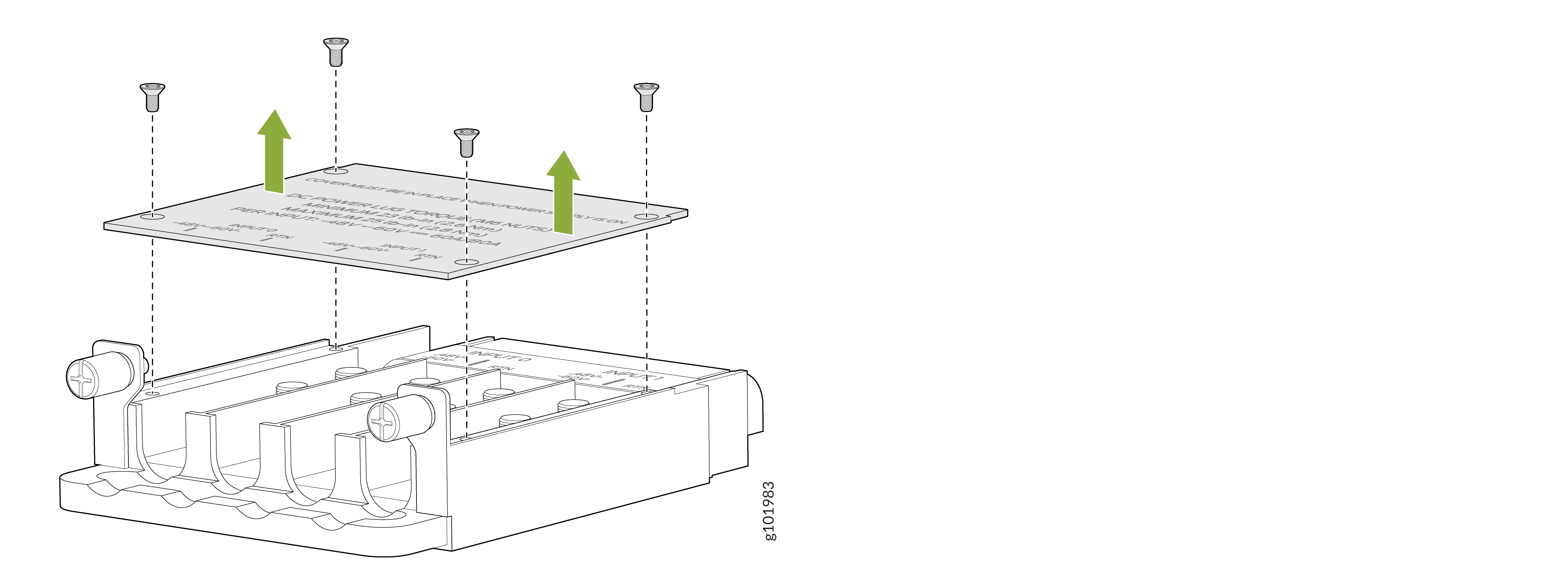 Exploded view diagram of a component assembly with a rectangular base, compartments, cover plate, screws, and green arrows indicating cover plate removal or installation directions.