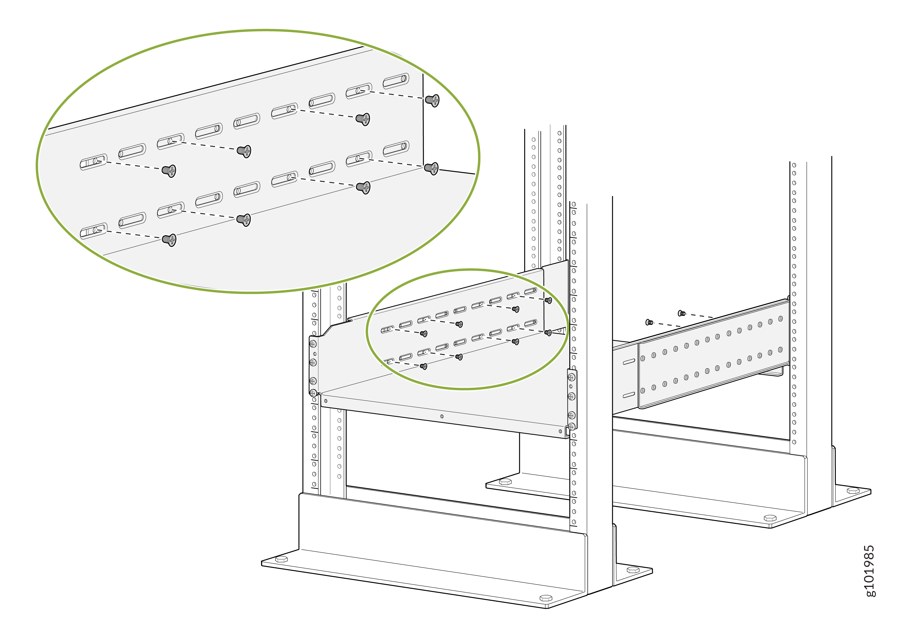 Assembly illustration showing a metal frame with a horizontal panel attached to vertical supports using screws.