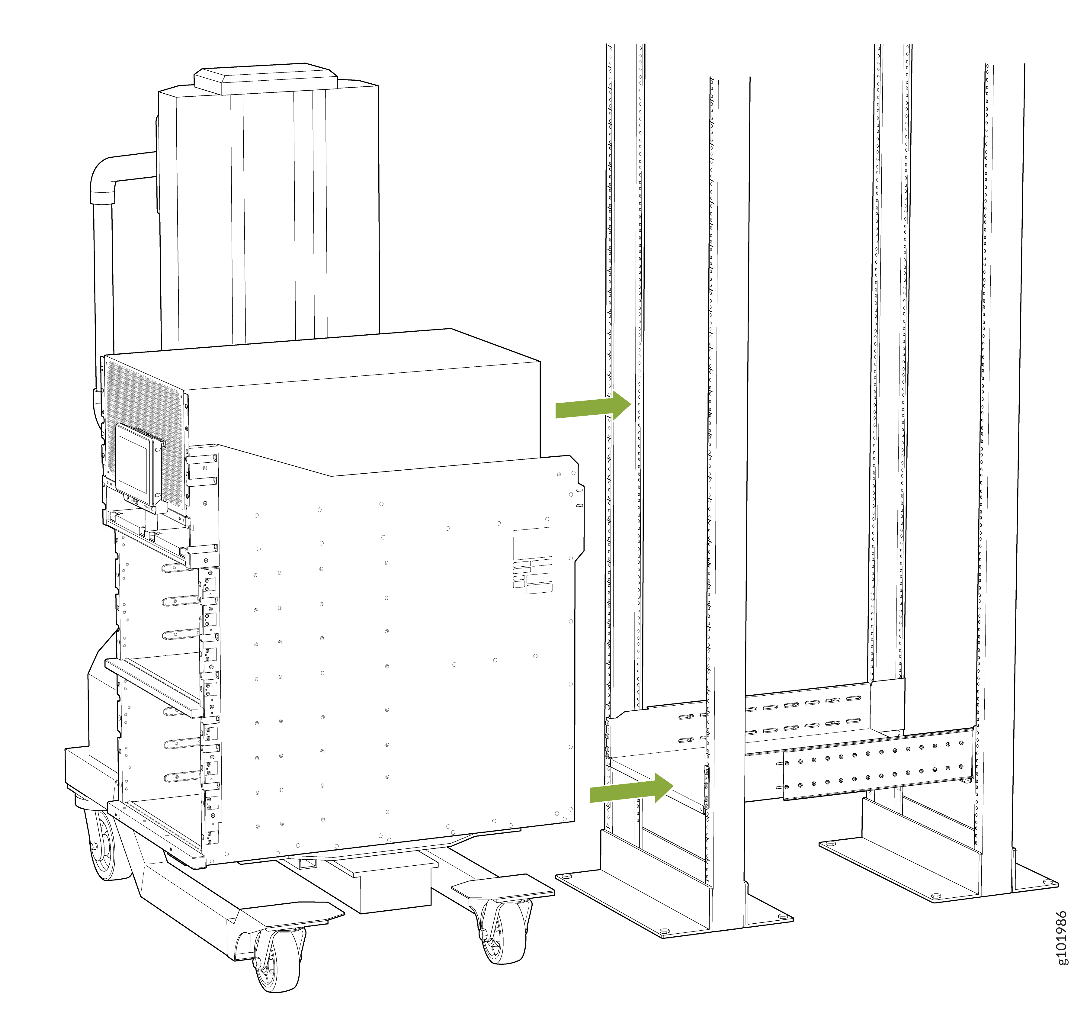 Technical illustration of a wheeled electronic device aligning with a rack using green arrows for positioning.
