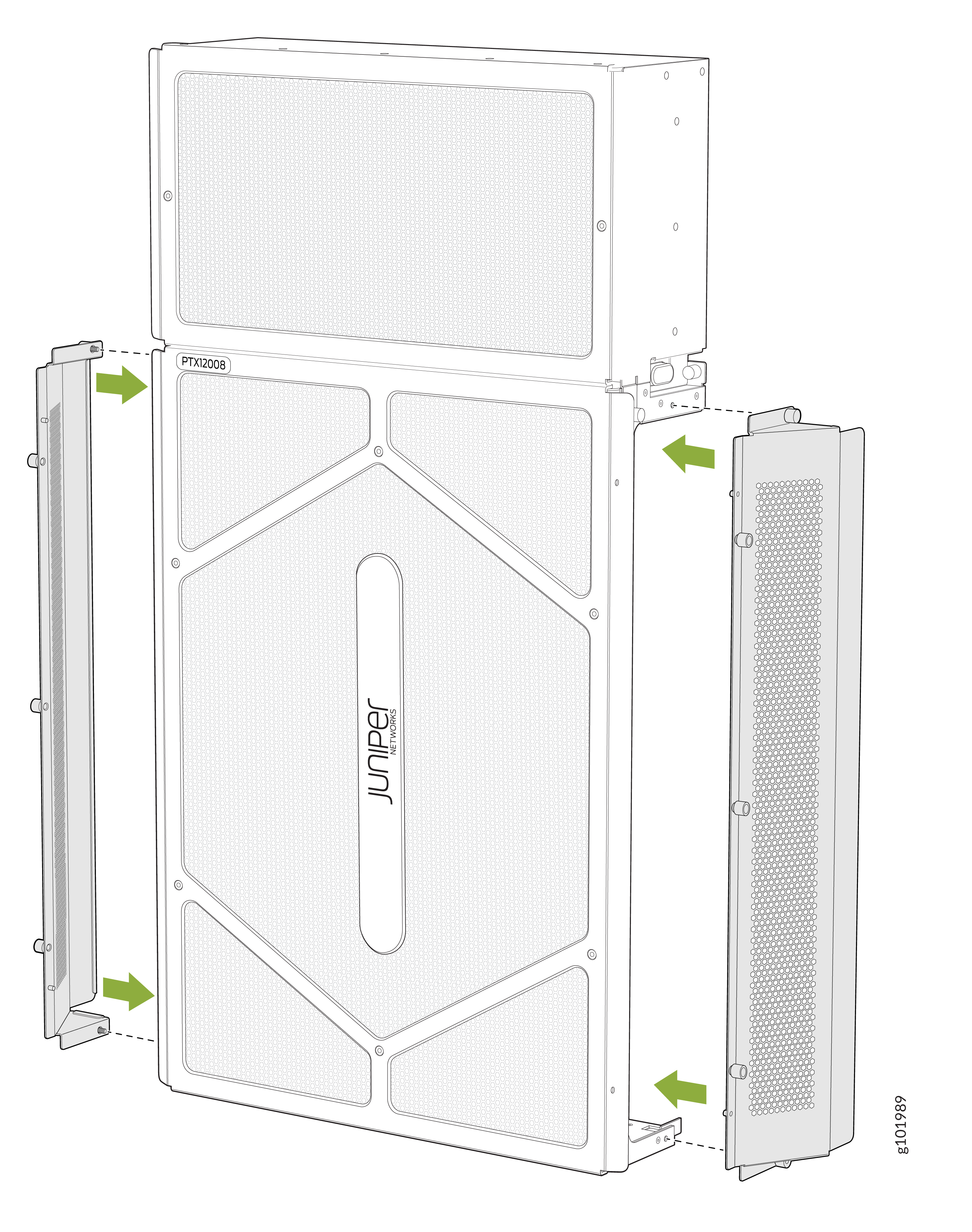 Front view of Juniper Networks PTX10008 router with side panels being removed or installed, indicated by green arrows.