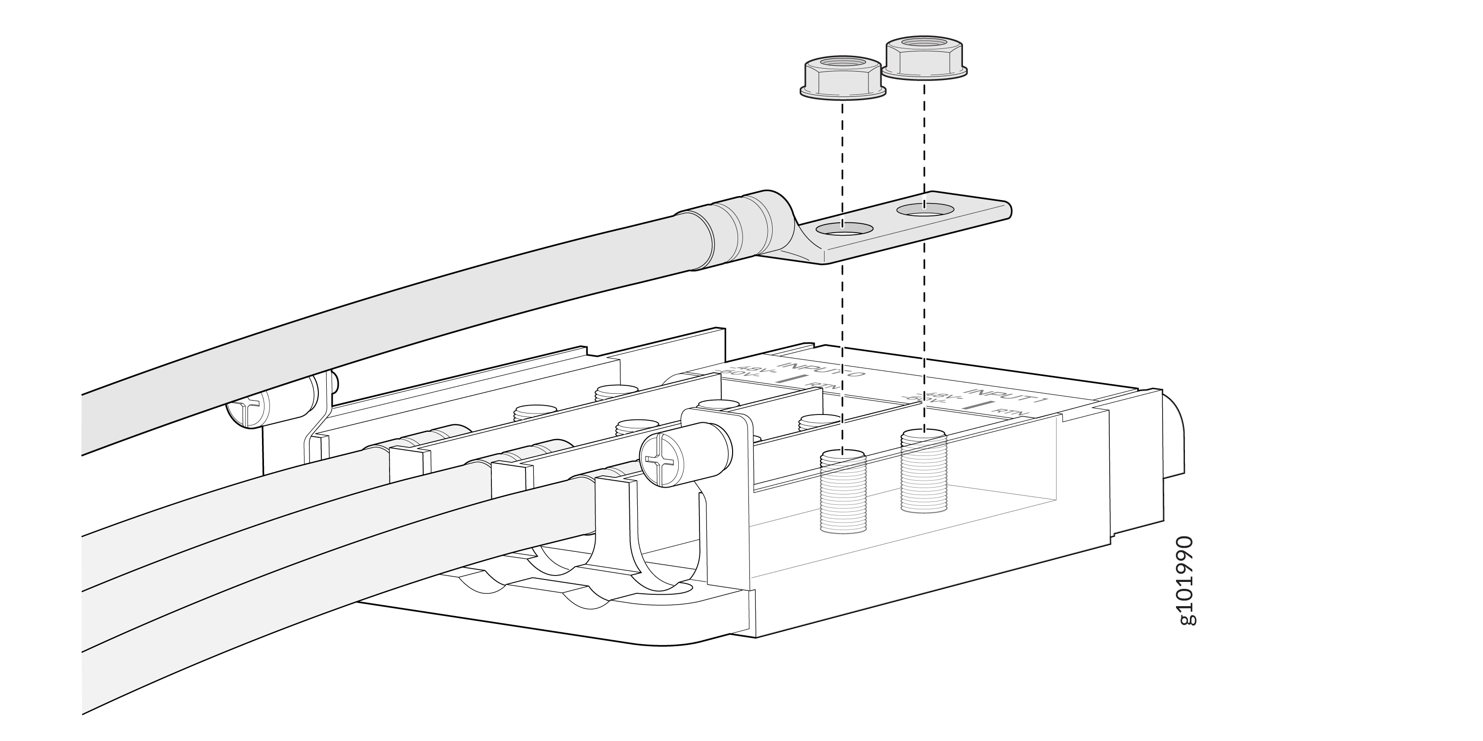 Technical illustration of a connection assembly with two cables, a flat metal terminal, two nuts, bolts, and a base structure showing how components are secured.