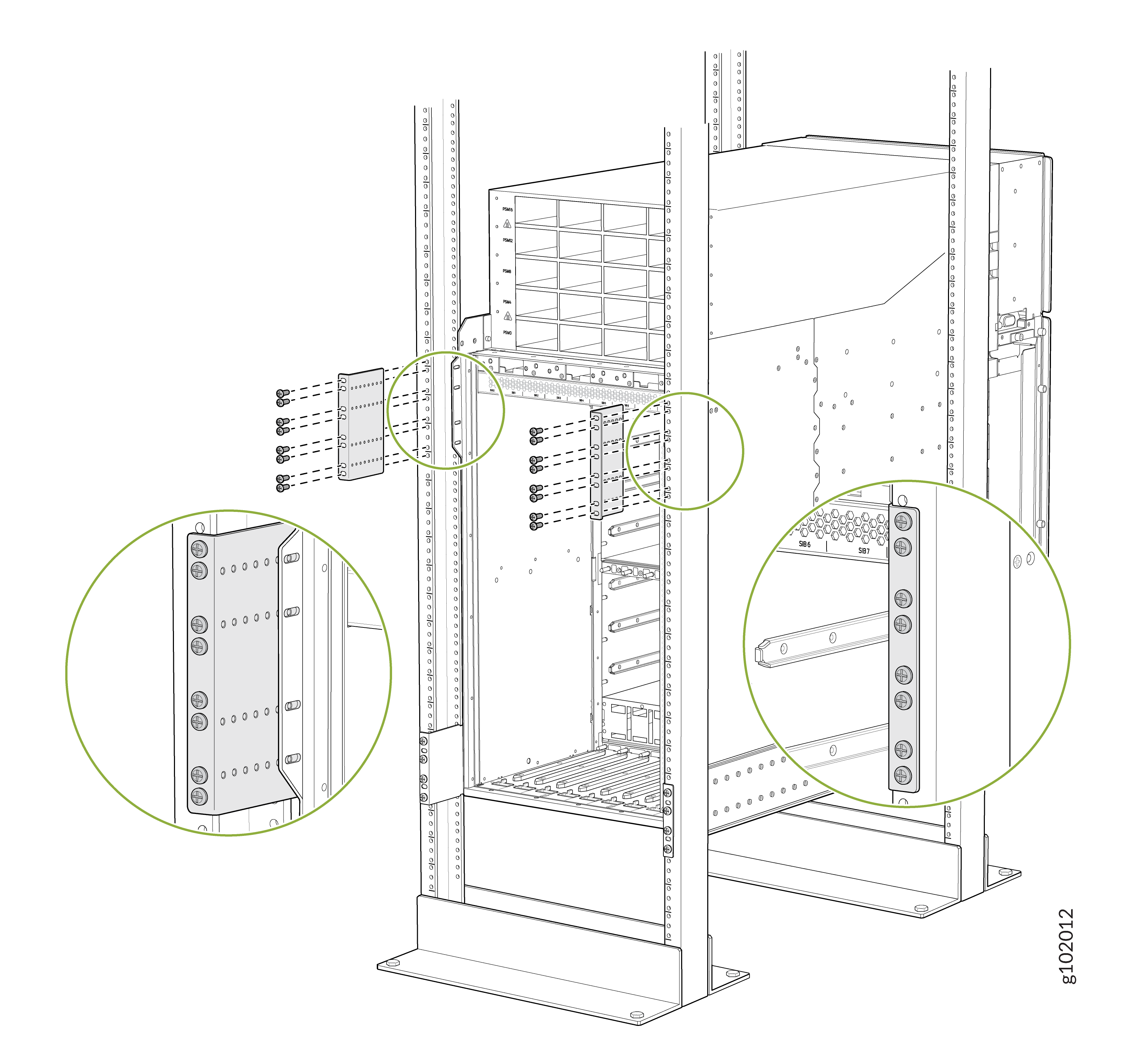 Technical illustration of a server rack showing mounting rails and components with detailed insets of brackets and screws.