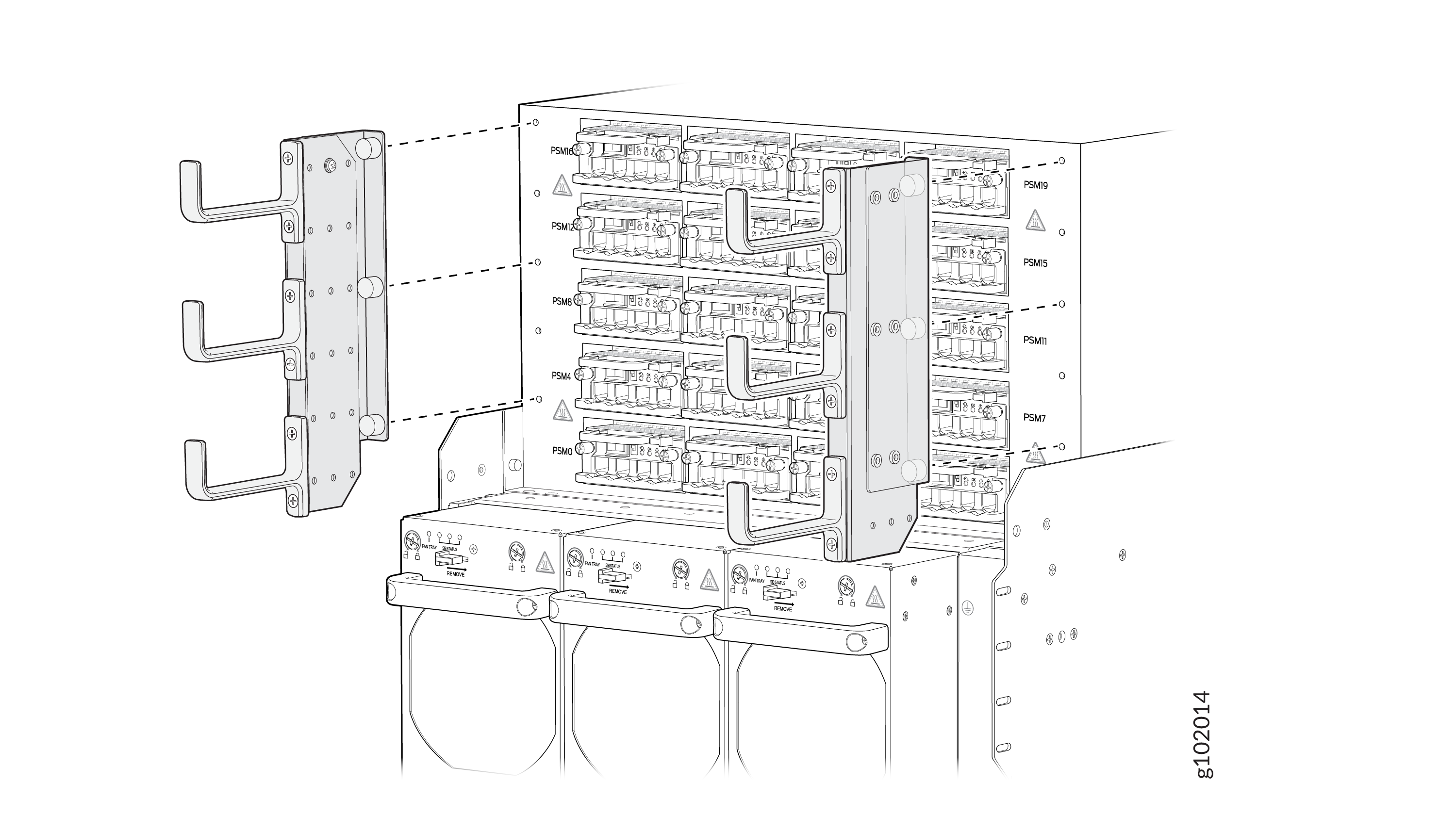 Technical diagram of a rack-mounted system with labeled power supply modules arranged in rows and a left-side mounting bracket for cable management or securing components.