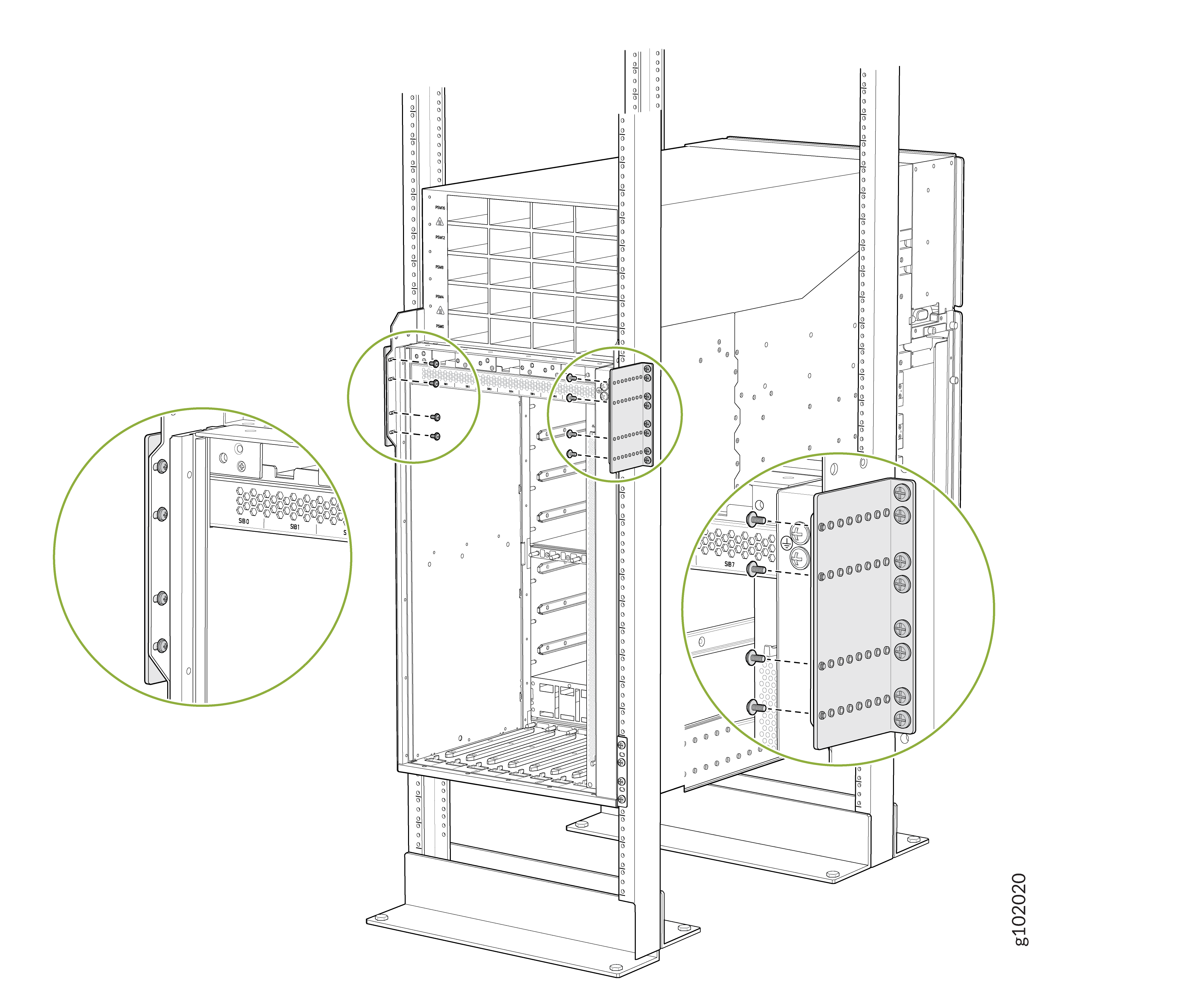 Technical illustration of a server rack with slots for mounting equipment. Circular insets highlight mounting brackets and structural details.