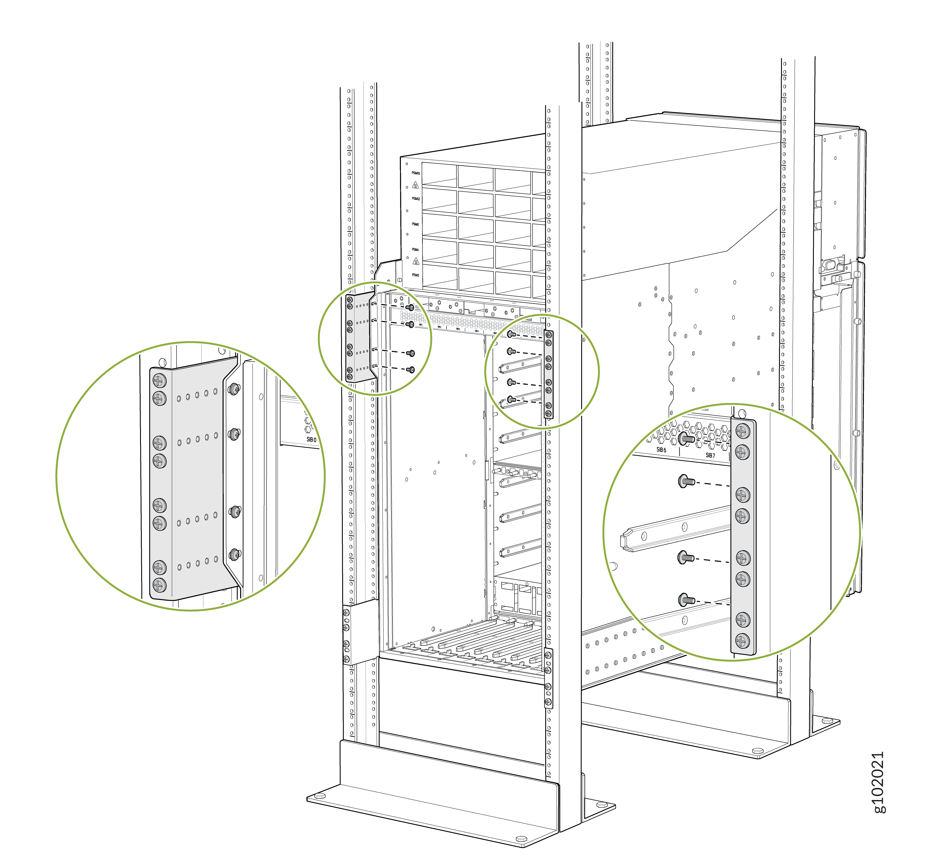 Server rack illustration showing framework with mounting points and components. Insets highlight mounting brackets and screws for assembly guidance.