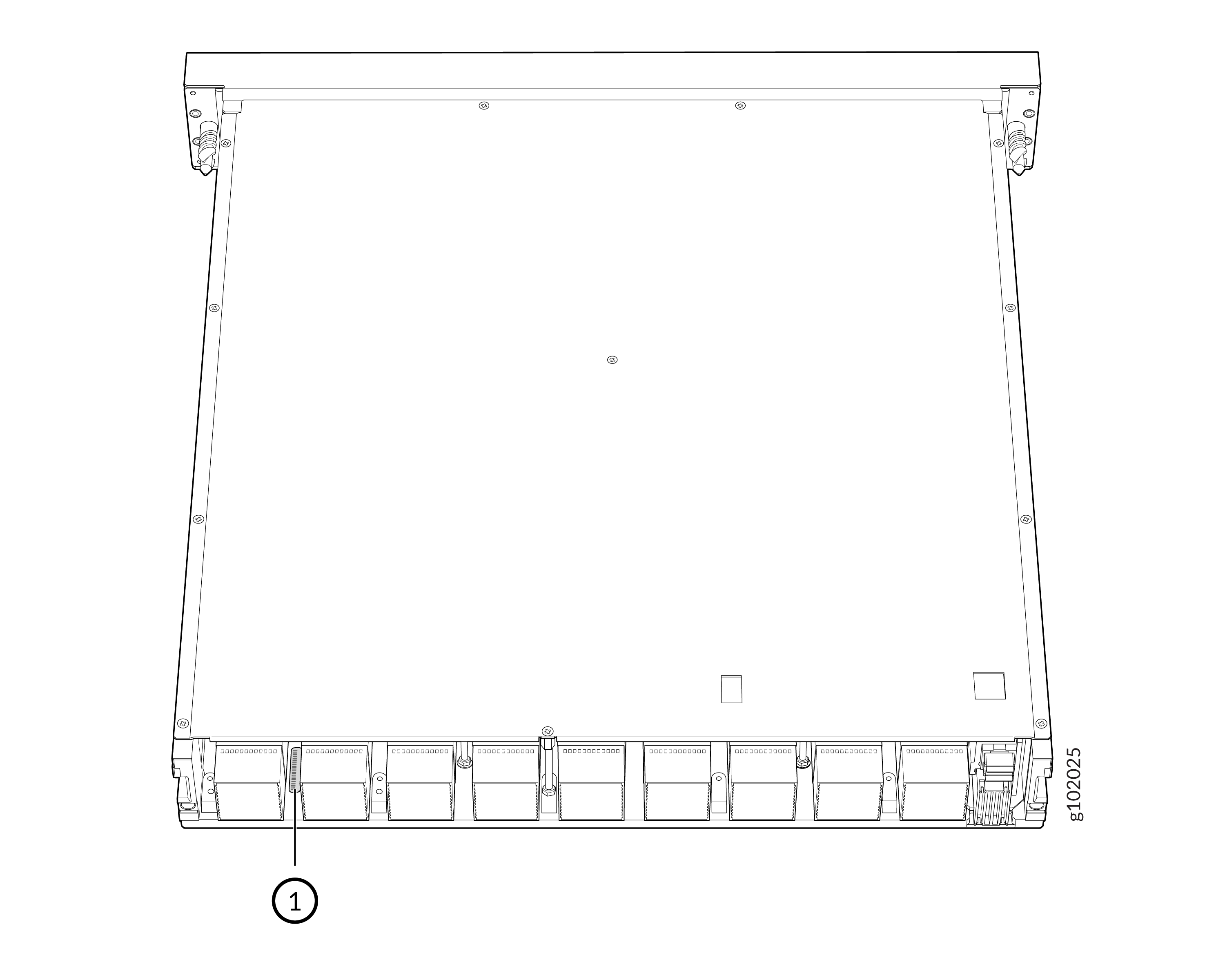 Front view of a rack-mounted server chassis with multiple labeled slots for components and structural installation details.