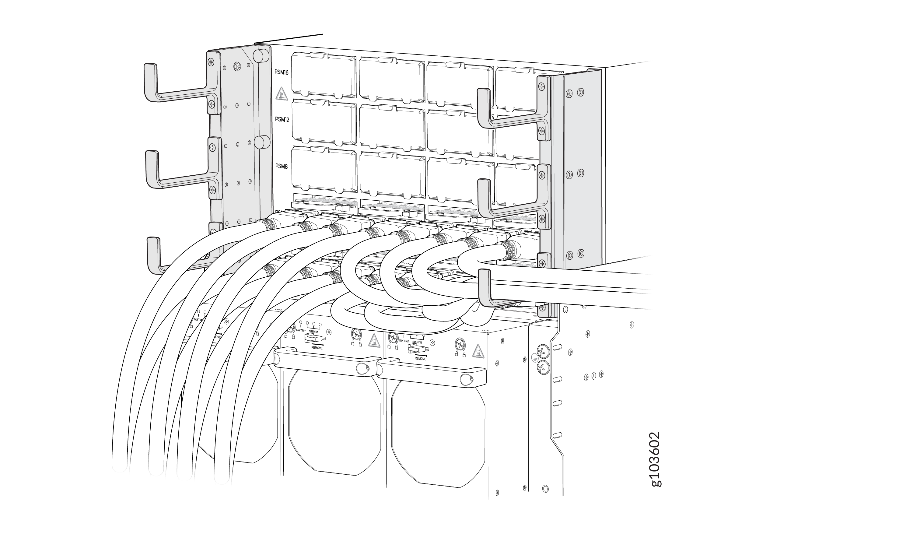 Technical illustration of a network rack with organized cables secured by hooks, labeled sections indicating a modular system for power supply or network equipment in a data center.