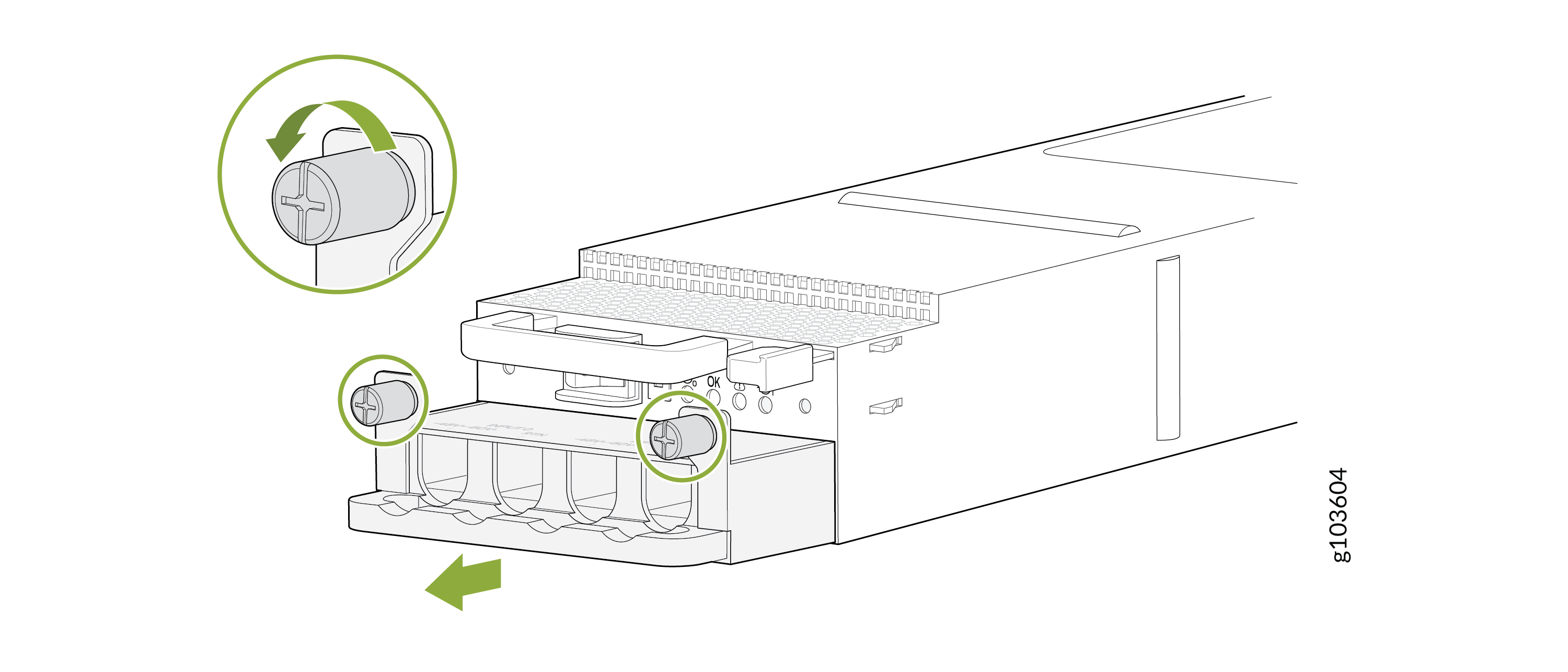 Instructional diagram showing how to remove or secure a component from a device, with green arrows indicating screw rotation directions.