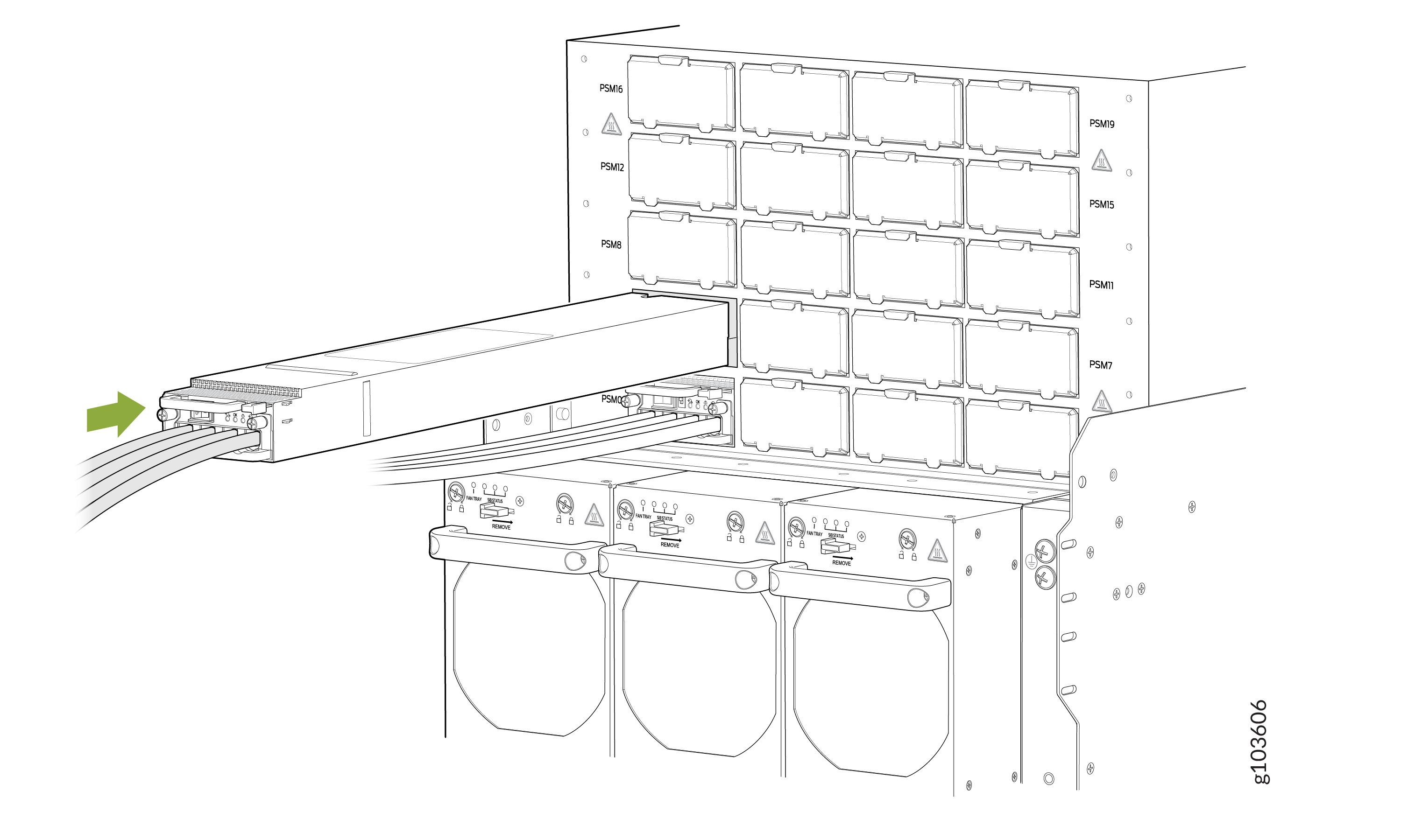 Modular power supply system with a module being inserted into a labeled slot, green arrow indicating direction, and additional components below with control interfaces and indicators.