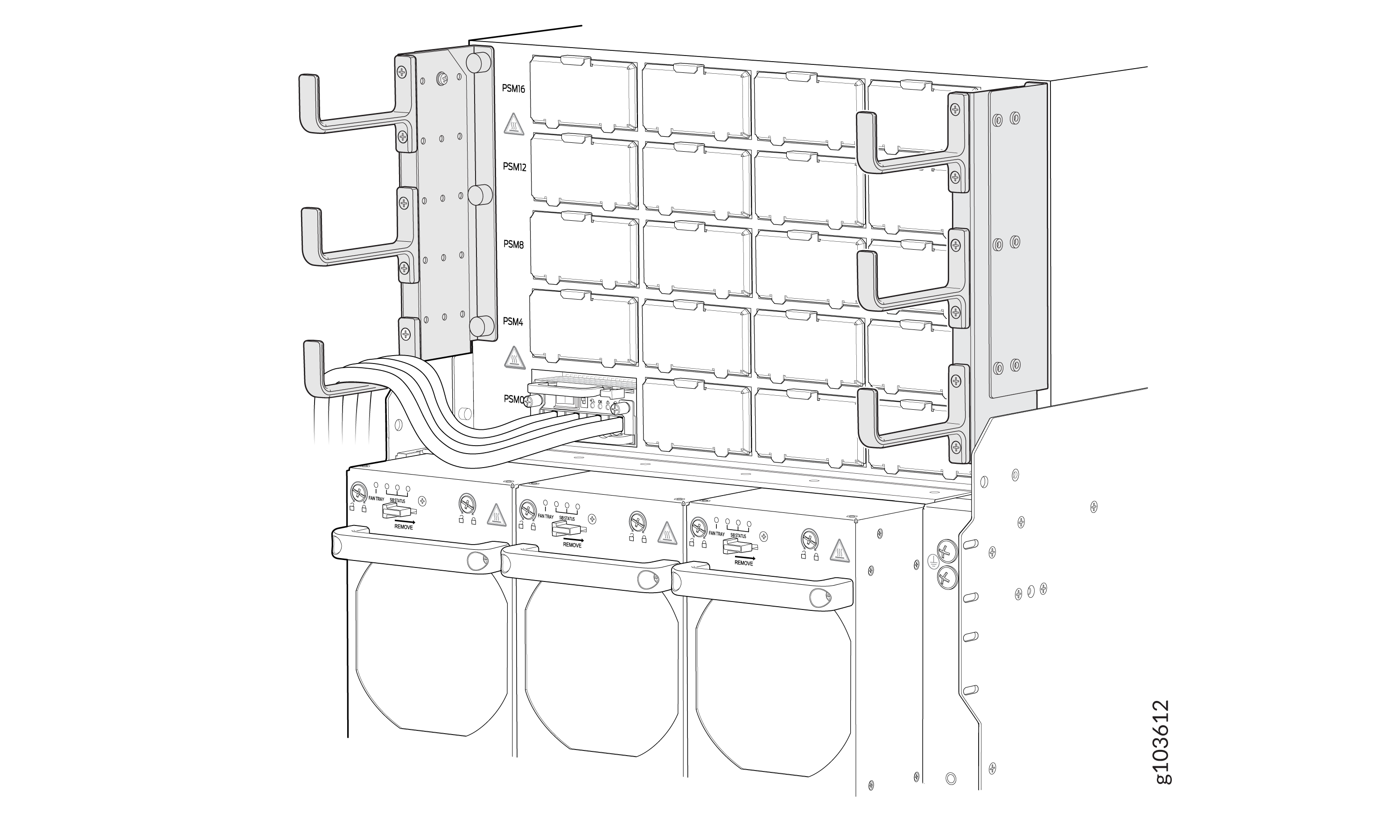 Rack-mounted electrical setup with labeled power supply modules PSM4, PSM8, PSM12, PSM16, side cable management hooks, and three large bottom units with control panels and connectors.