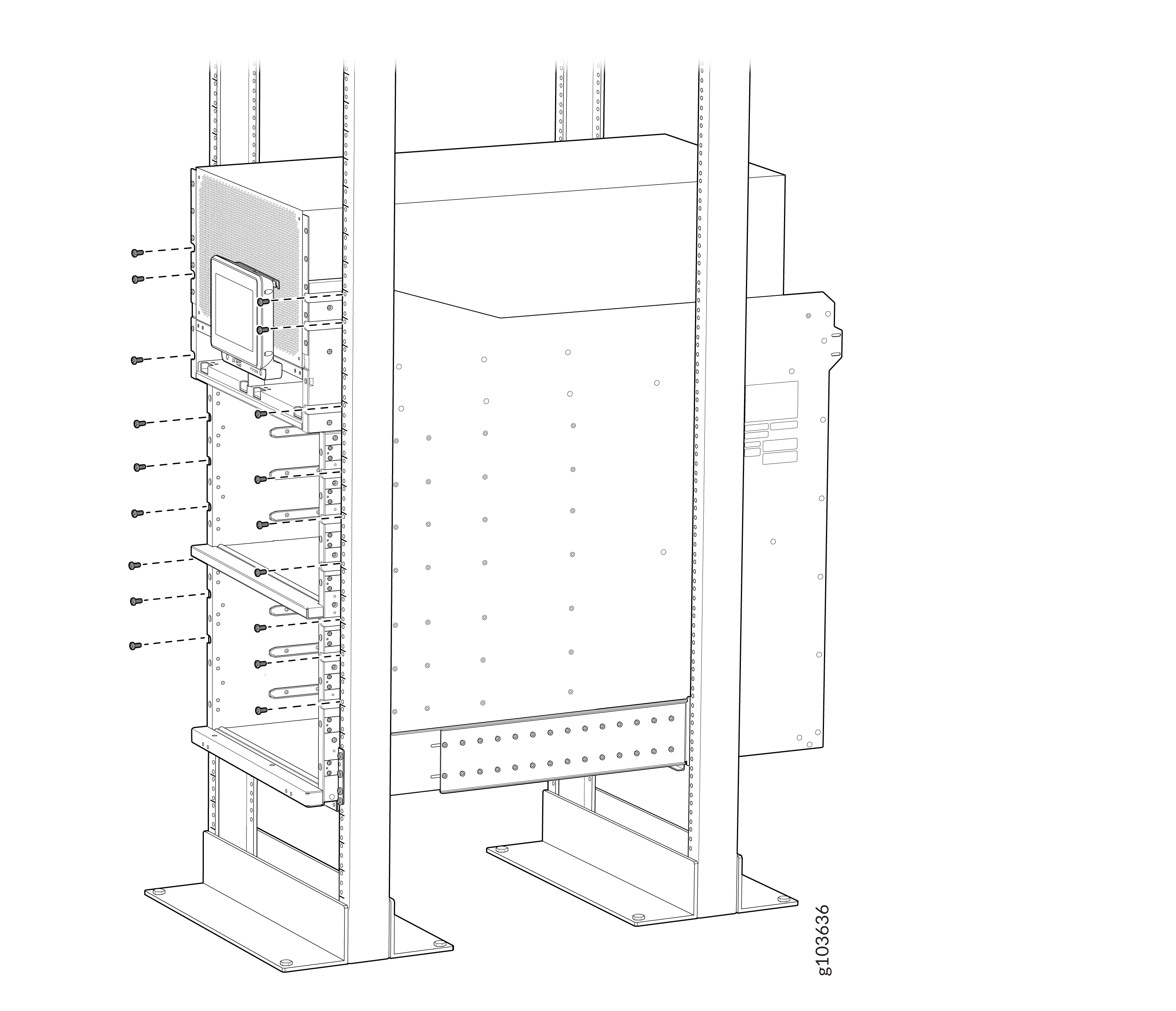 Technical illustration of a server rack showcasing mounted components like servers with screws and brackets, highlighting assembly process.