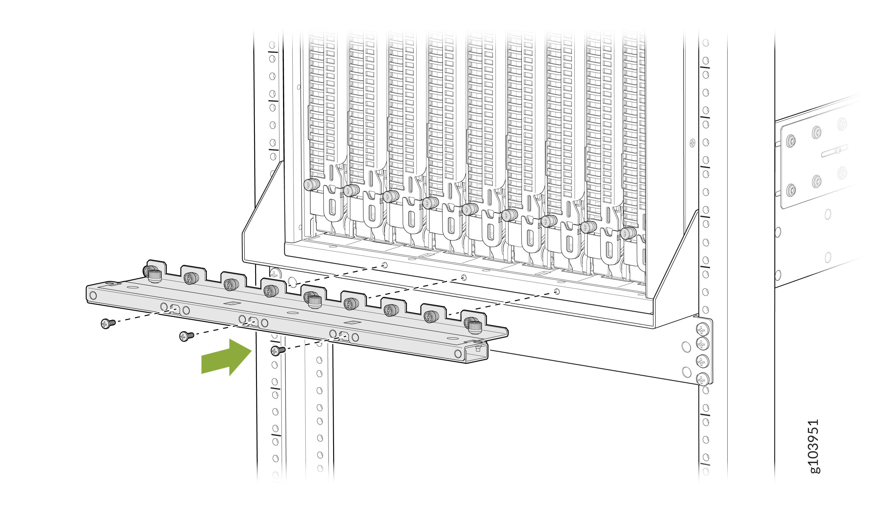 Rack-mounted equipment with a horizontal mounting bracket being secured with screws, guided by a green arrow.