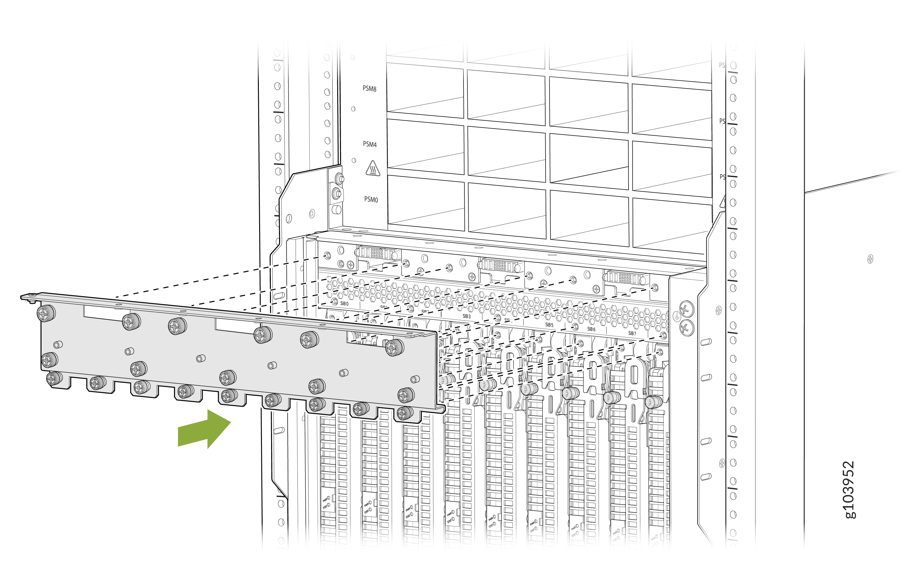 Hardware module being installed or removed from a rack-mounted system with a green arrow indicating movement direction.
