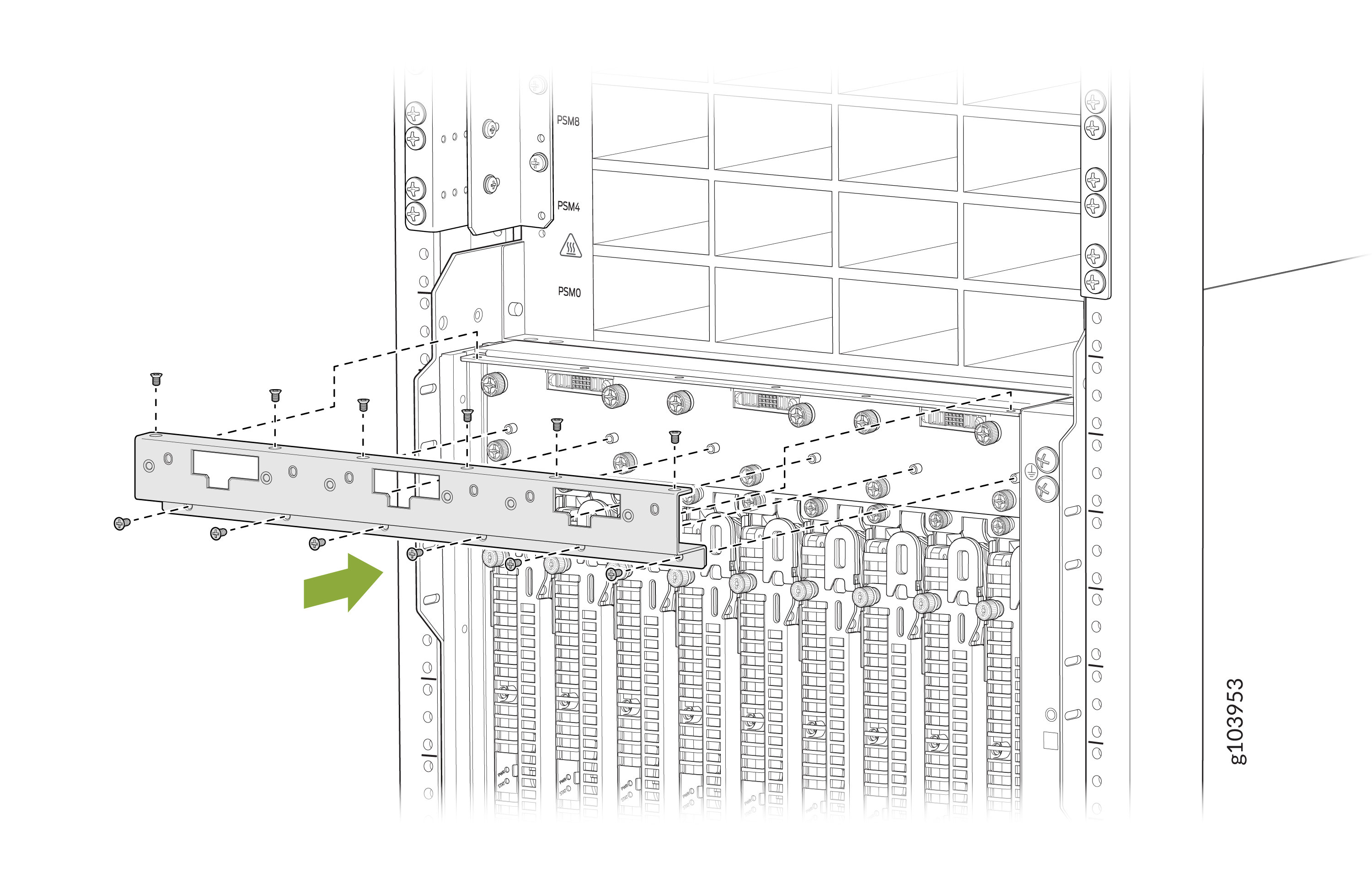 Rack-mounted hardware assembly diagram showing a metal bracket being installed or removed, guided by a green arrow with labeled components and dashed lines for instructions.