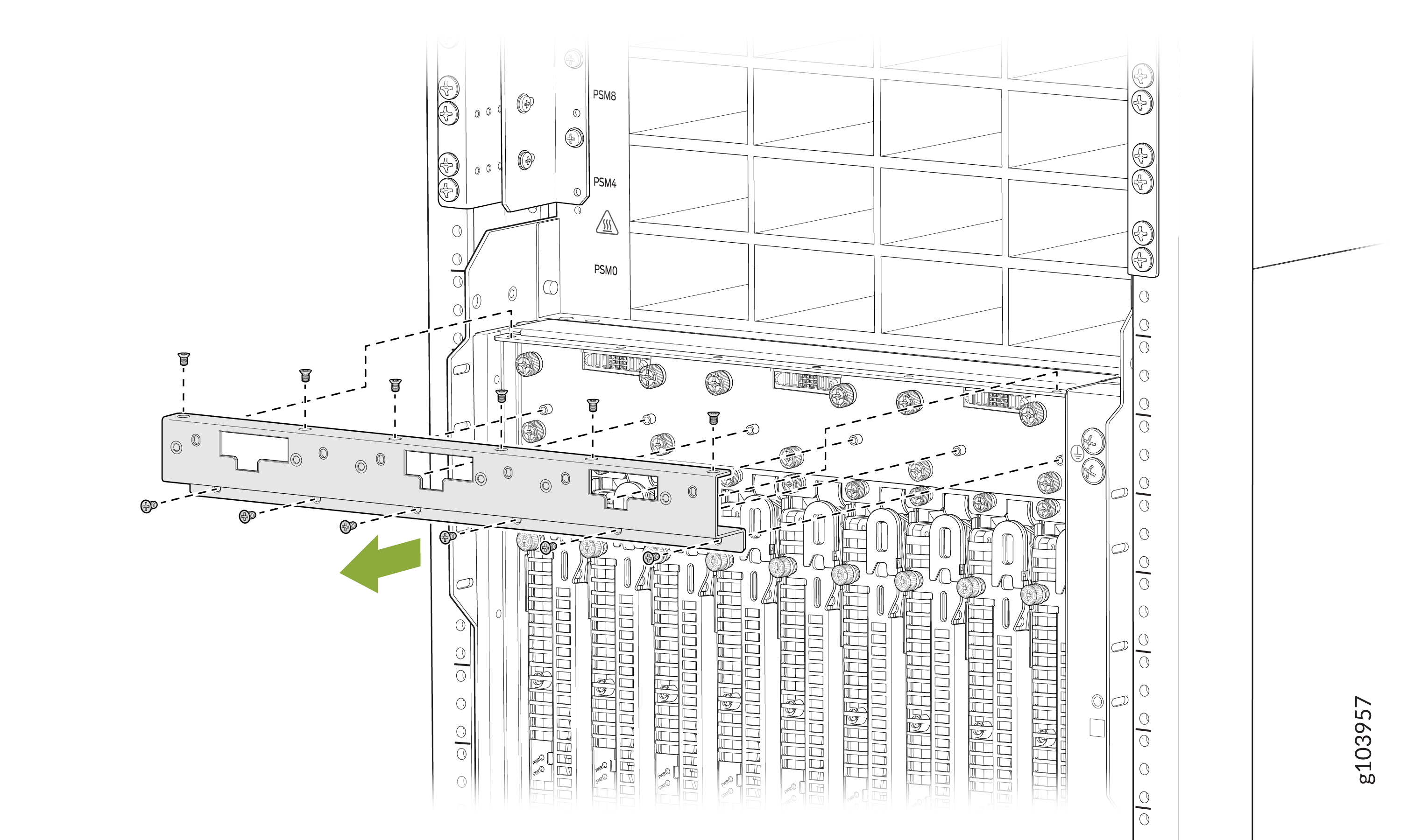 Installation or removal of a metal bracket or rail on rack-mounted server with screws, arrows indicating attachment or detachment.
