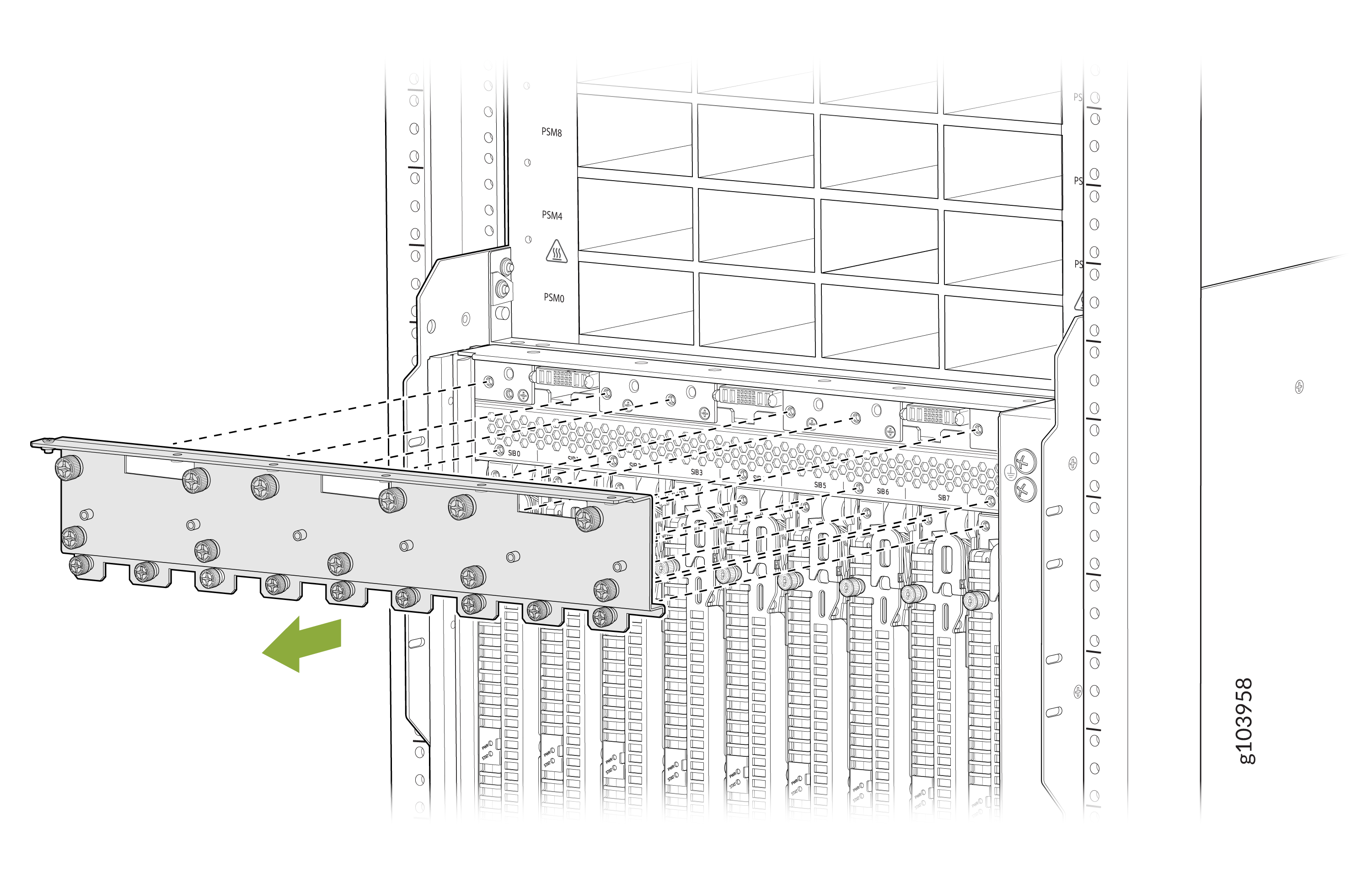 Hardware module being installed or removed from a rack-mounted system with a green arrow indicating movement direction.