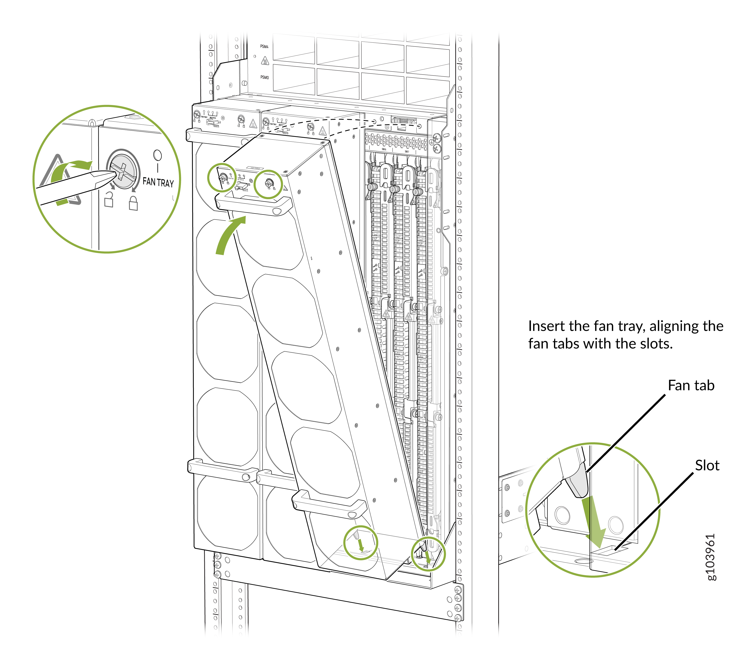 Illustration showing how to insert a fan tray into a rack, aligning fan tabs with slots, with labeled parts and close-up views for guidance.