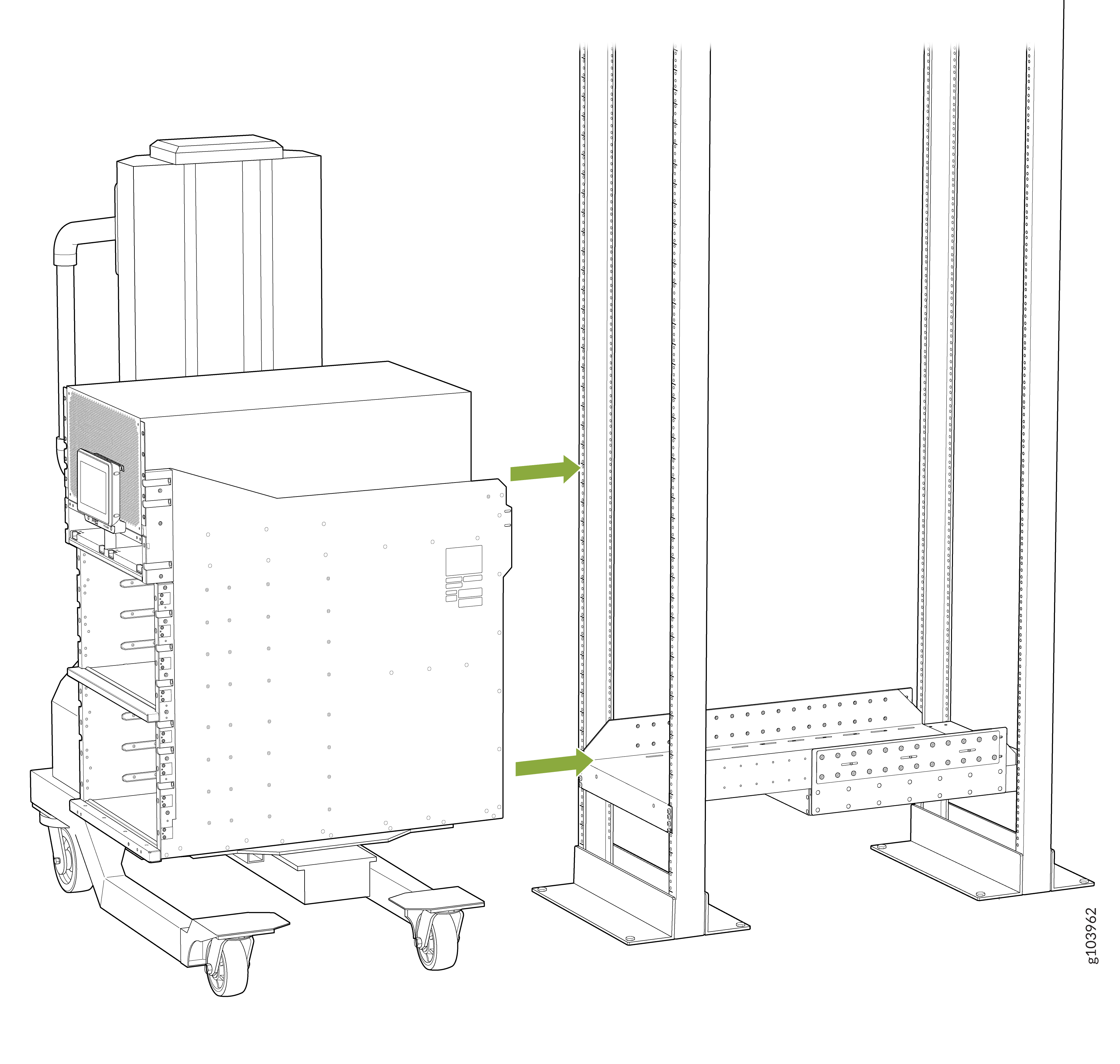 Technical illustration of industrial equipment on wheels next to a frame with green arrows indicating connection points.