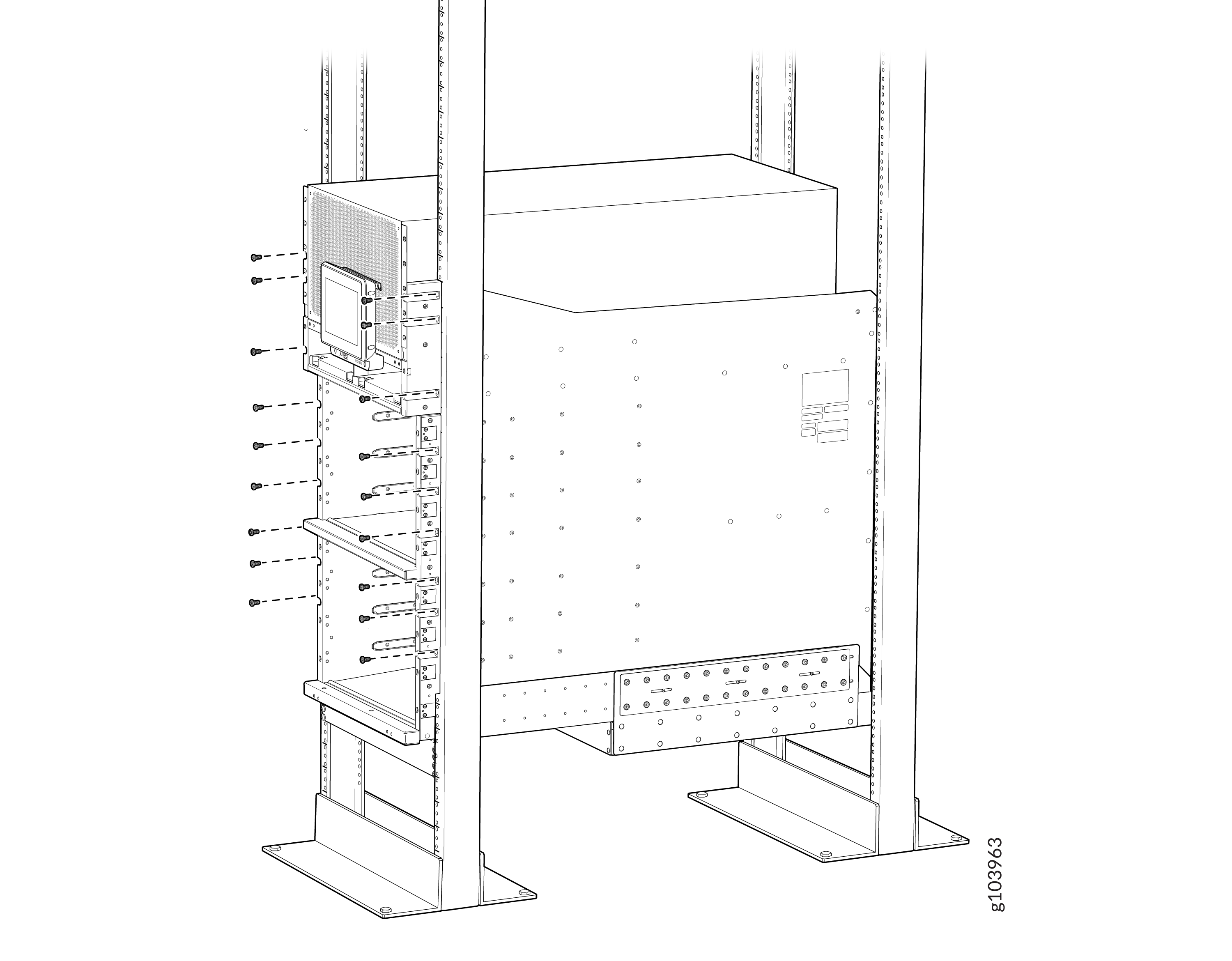 Technical diagram of a rack-mounted equipment setup with vertical supports, mounted enclosure, and assembly details like screws and fasteners.