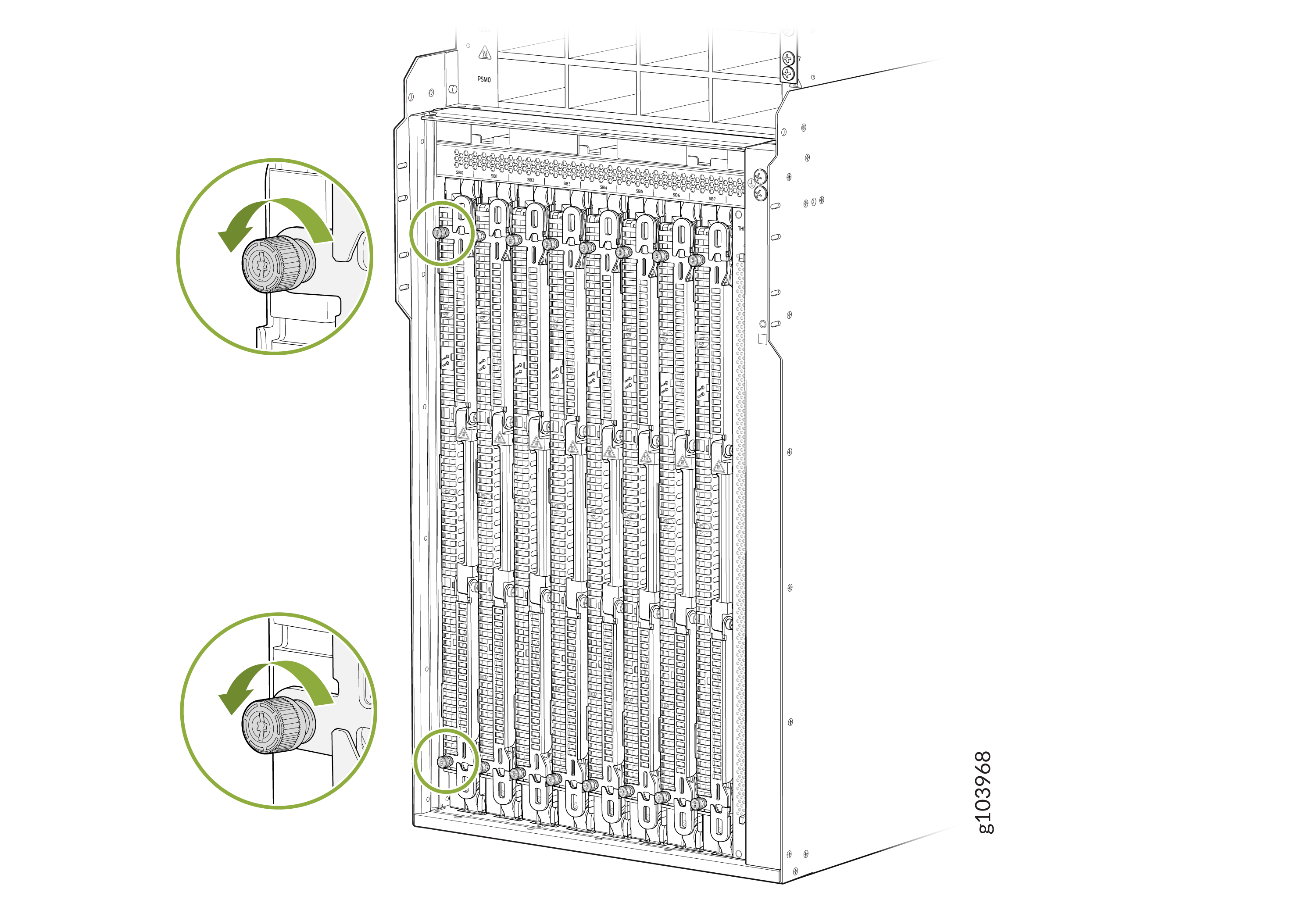 Technical diagram of a server chassis with slots for components, highlighted green circles and arrows show securing or releasing mechanisms.