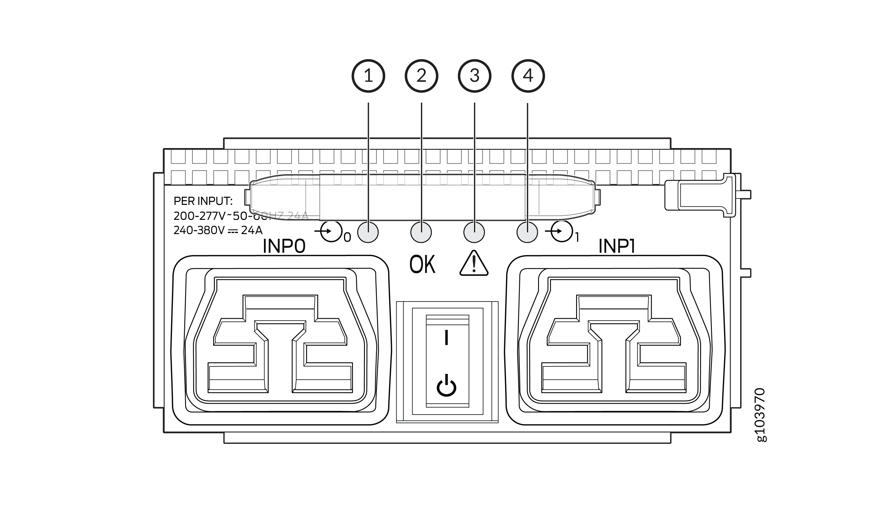 Technical diagram of a power input module showing input ports INP0 and INP1, LED indicators 1 to 4, a central power switch, input specifications per input 200-277V~50-60Hz 240-380V==24A, and a warning symbol for safety.