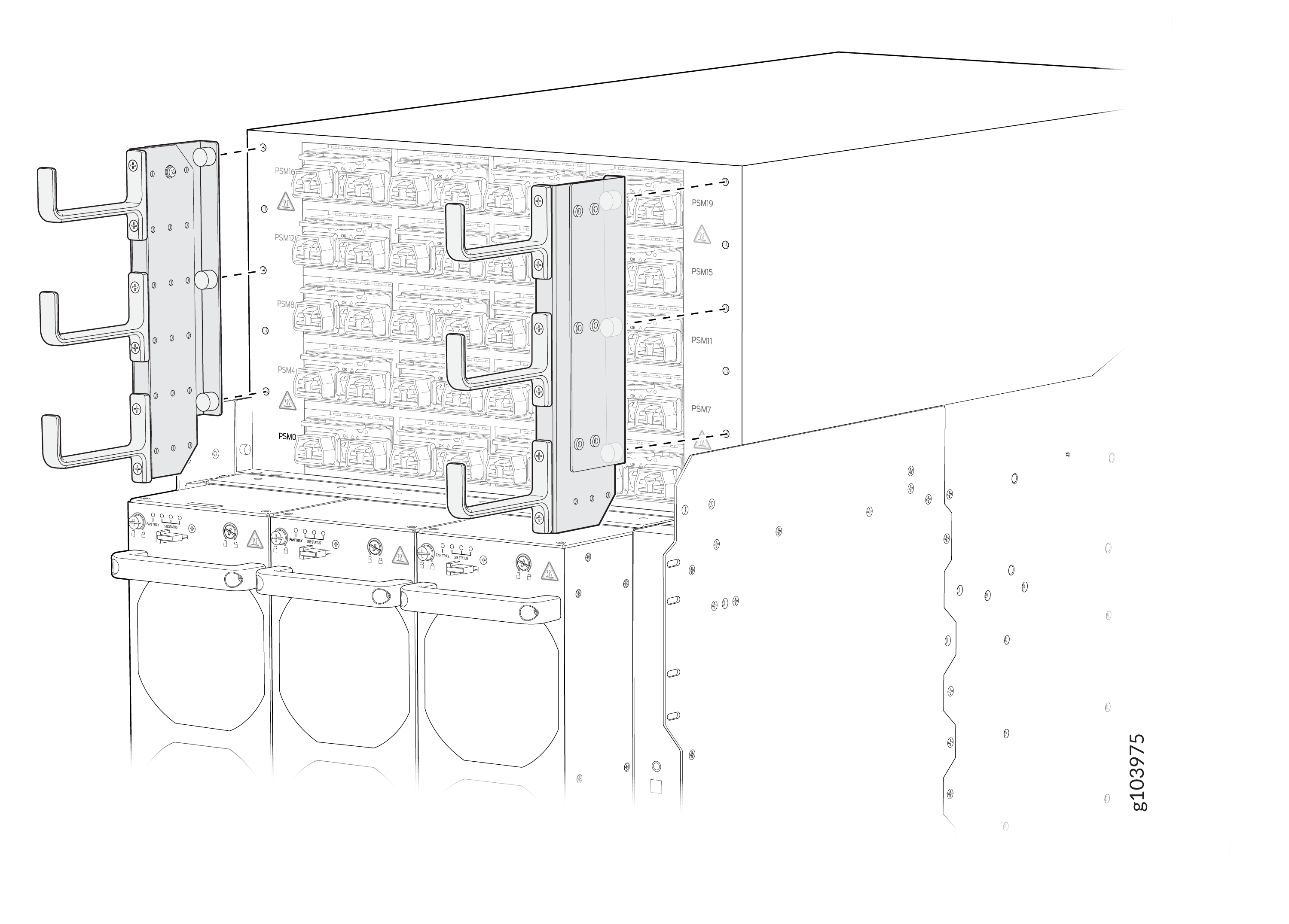 Technical diagram of a server rack showing power supply modules, fans, and cable management brackets for setup or maintenance guidance.
