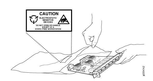 Person handling a circuit board from an anti-static bag with a caution label warning about electrostatic-sensitive devices.