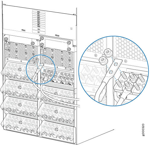 Server rack components with PDUs, server modules, and cabling. Highlighted cables attached to terminals with bolts and nuts, illustrating installation or maintenance step.