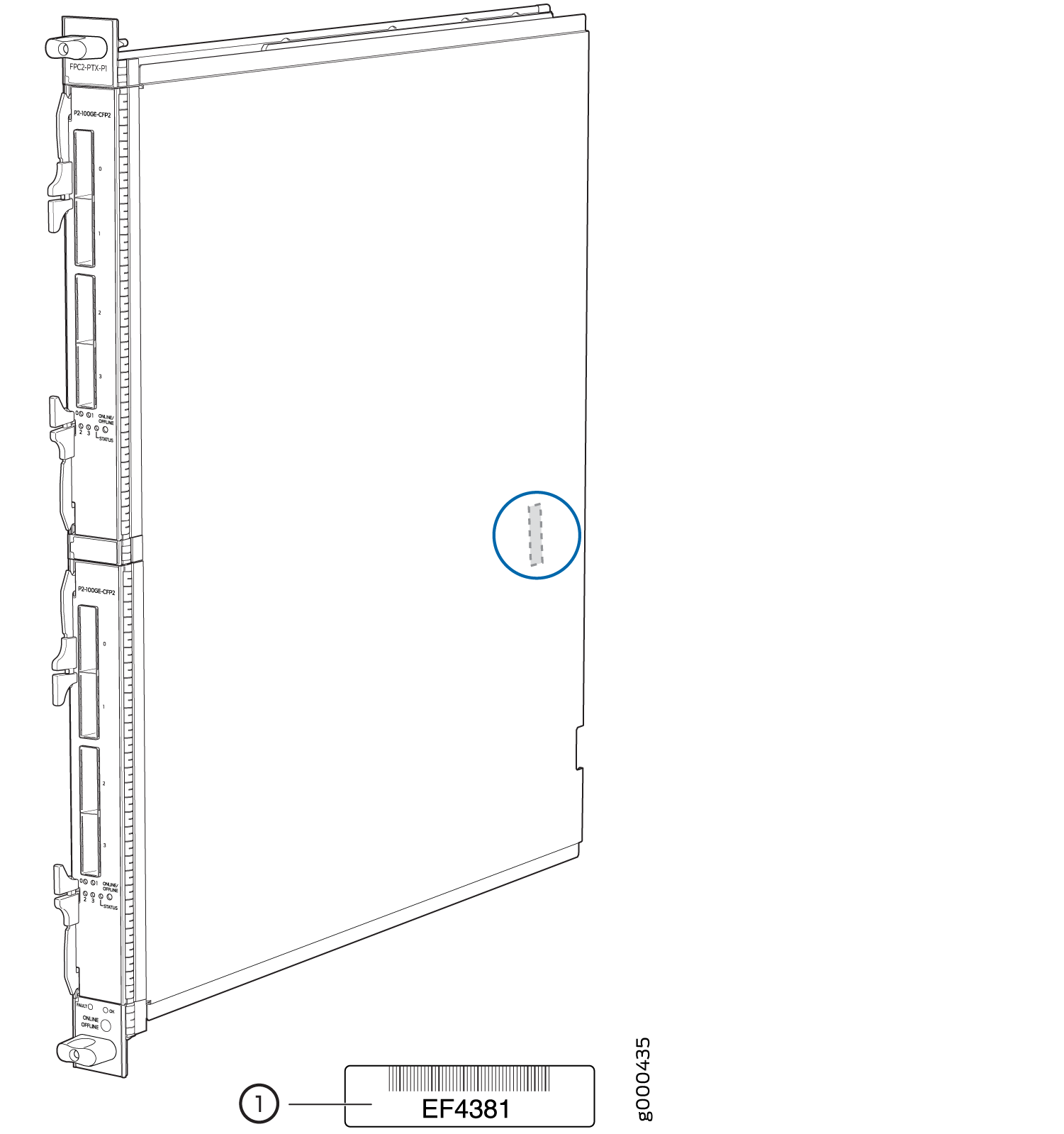 Technical drawing of electronic module labeled EF4381 with connectors on left and blue circle highlighting a component.