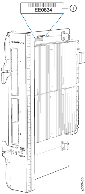100 Gigabit Ethernet module with CFP2 ports, labeled P2-100GE-CFP2, featuring cable ports, status indicators, and barcode EE0834.