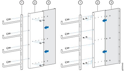 Assembly instructions for attaching panels 2 and 3 to vertical frame 1 with blue arrows indicating direction and screws for securing.