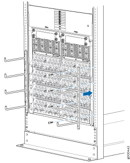 Technical diagram of a server rack showing components like modules or blades with a blue arrow indicating a module being removed or inserted.