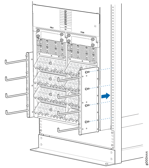 Technical illustration of rack-mounted server setup with PDUs at top, cable management on sides, servers in middle, and blue arrow indicating side panel installation.