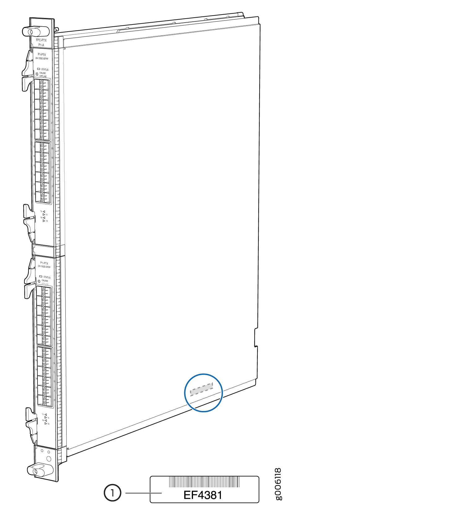 Technical drawing of electronic module for industrial control, featuring connectors, indicators, and highlighted part number EF4381.