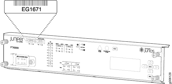 Juniper Networks PTX5000 front panel with logo, model label, barcode EG1671, fan module, LED indicators, control buttons, and Junos branding.