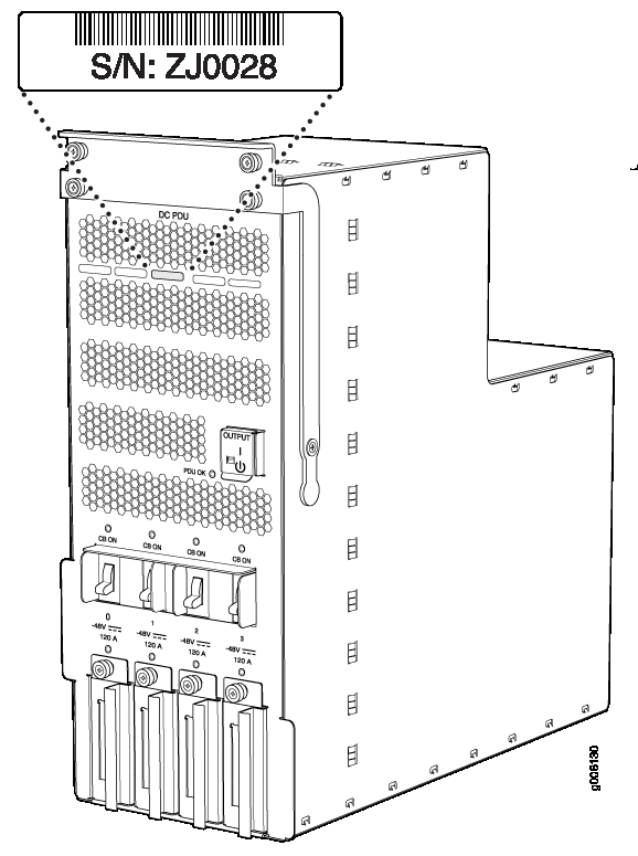 DC Power Distribution Unit with circuit breakers, output switches, and connectors for power management in telecom or data centers. Serial number ZJ0028.