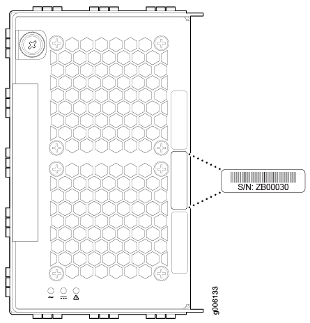 Technical illustration of an electronic module with honeycomb vents, screw holes, barcode S/N: ZB00030, and function symbols.