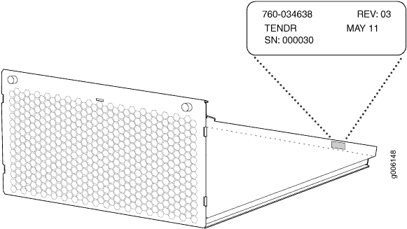 Technical drawing of a component with a honeycomb-patterned panel. Label shows part number 760-034638, revision 03, date MAY 11, designation TENDR, serial number SN: 000030.