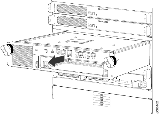 Rack-mounted server with an arrow indicating an expansion slot on the front panel. Labels show ports and interfaces.