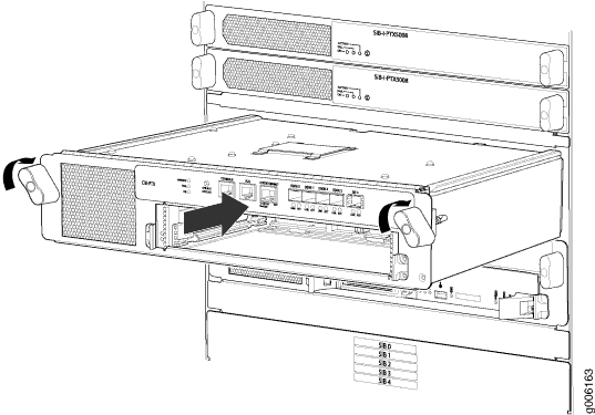 Rack-mounted server with arrow highlighting a specific front panel port among various connectivity, management, and monitoring components.