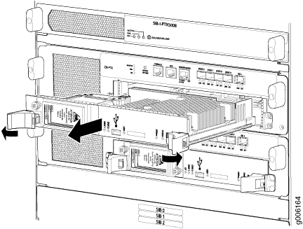 Diagram of installing or removing a module from a chassis with directional arrows and labeled ports including USB and Ethernet.