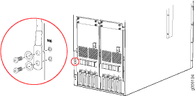 Rear view of server chassis with two power supply units; inset circle highlights connectors for installation or maintenance.