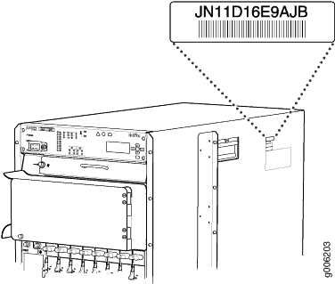 Technical illustration of a rack-mounted server with ports and connections; highlights barcode with code JN11D16GAJB.